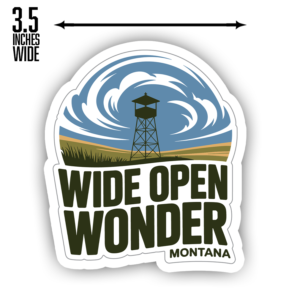 Wide Open Wonder Montana sticker – scenic lookout tower decal for hikers, travelers, and outdoor adventure lovers