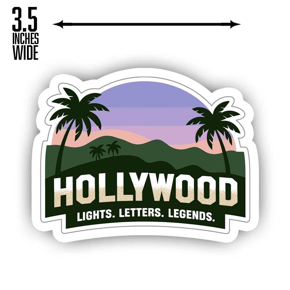 Hollywood Sticker – Sunset Palms & Hills Design, “Lights. Letters. Legends.” California Travel Vinyl Decal for Movie Lovers