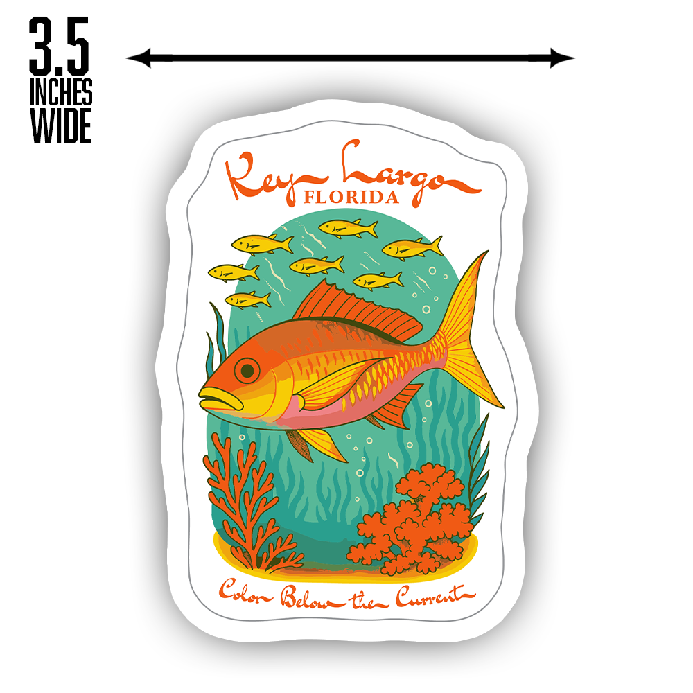 Key Largo Florida Sticker – Colorful Reef Fish & Coral Art, “Color Below the Current” Ocean Vinyl Decal for Dive & Beach Lovers