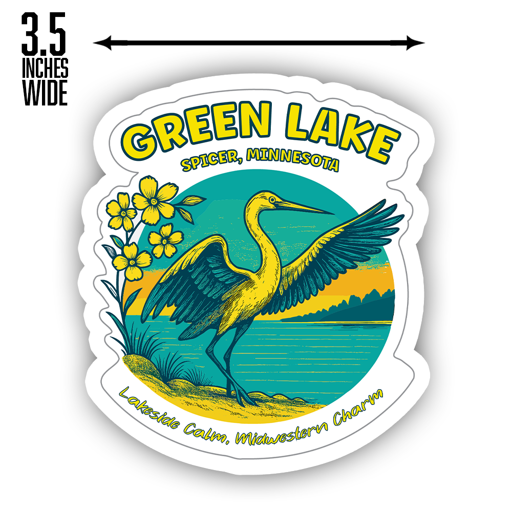 Green Lake Minnesota Sticker – Spicer Heron Art, “Lakeside Calm” Midwestern Nature Scene Vinyl Decal for Travel & Bird Lovers