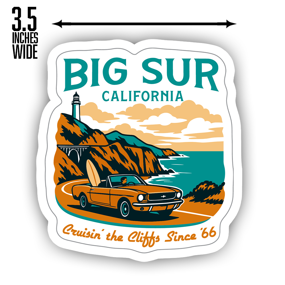 Big Sur California Retro Sticker – Mustang Coastal Drive Decal for Car, Laptop, Water Bottle, Travel Gift