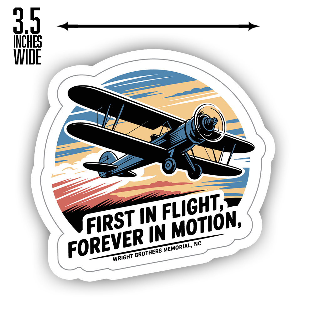Wright Brothers Memorial vintage airplane sticker – First in Flight, Forever in Motion retro aviation travel decal