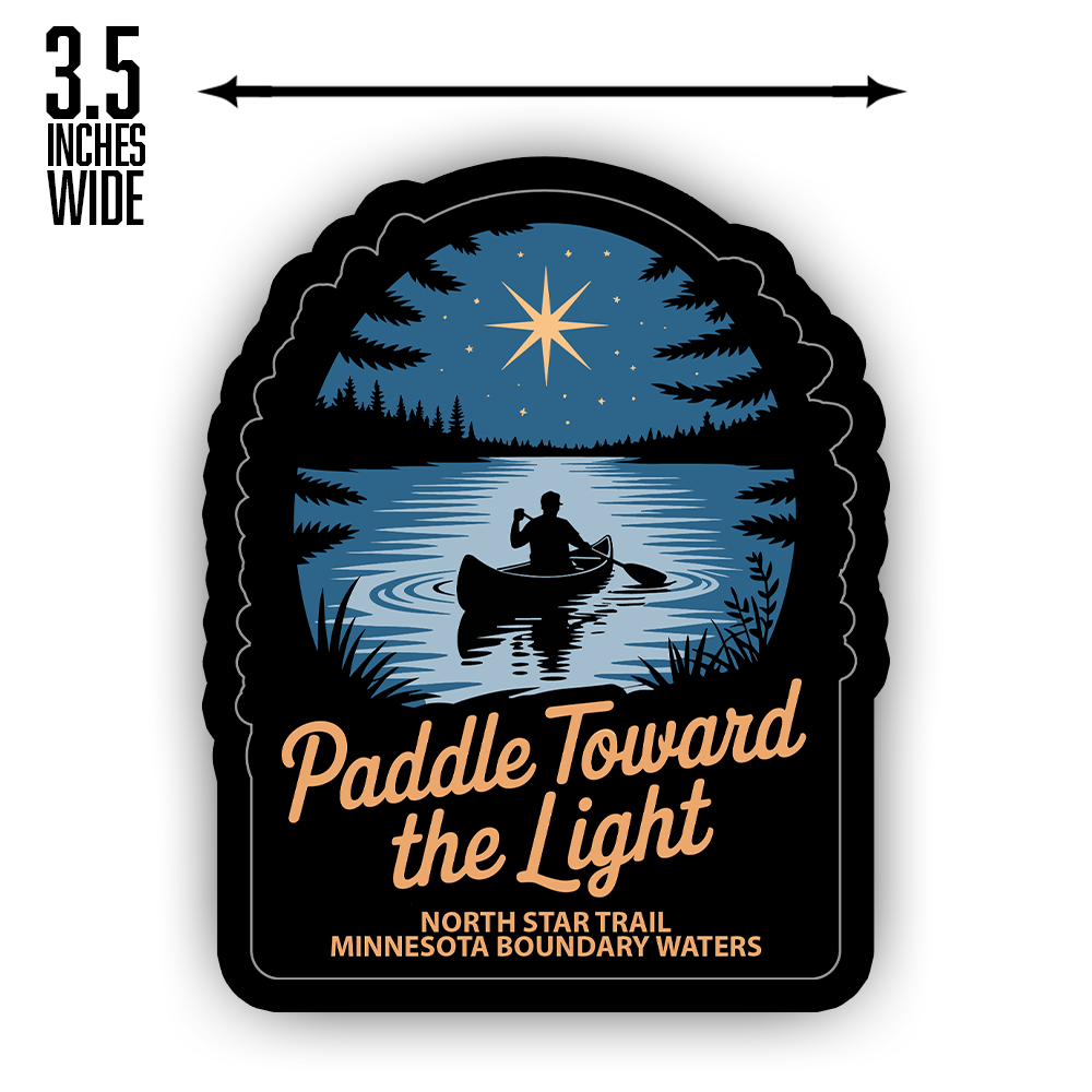 Paddle Toward the Light Sticker – Night Canoe Scene with North Star, Inspirational Wilderness Vinyl Decal for Outdoor Lovers