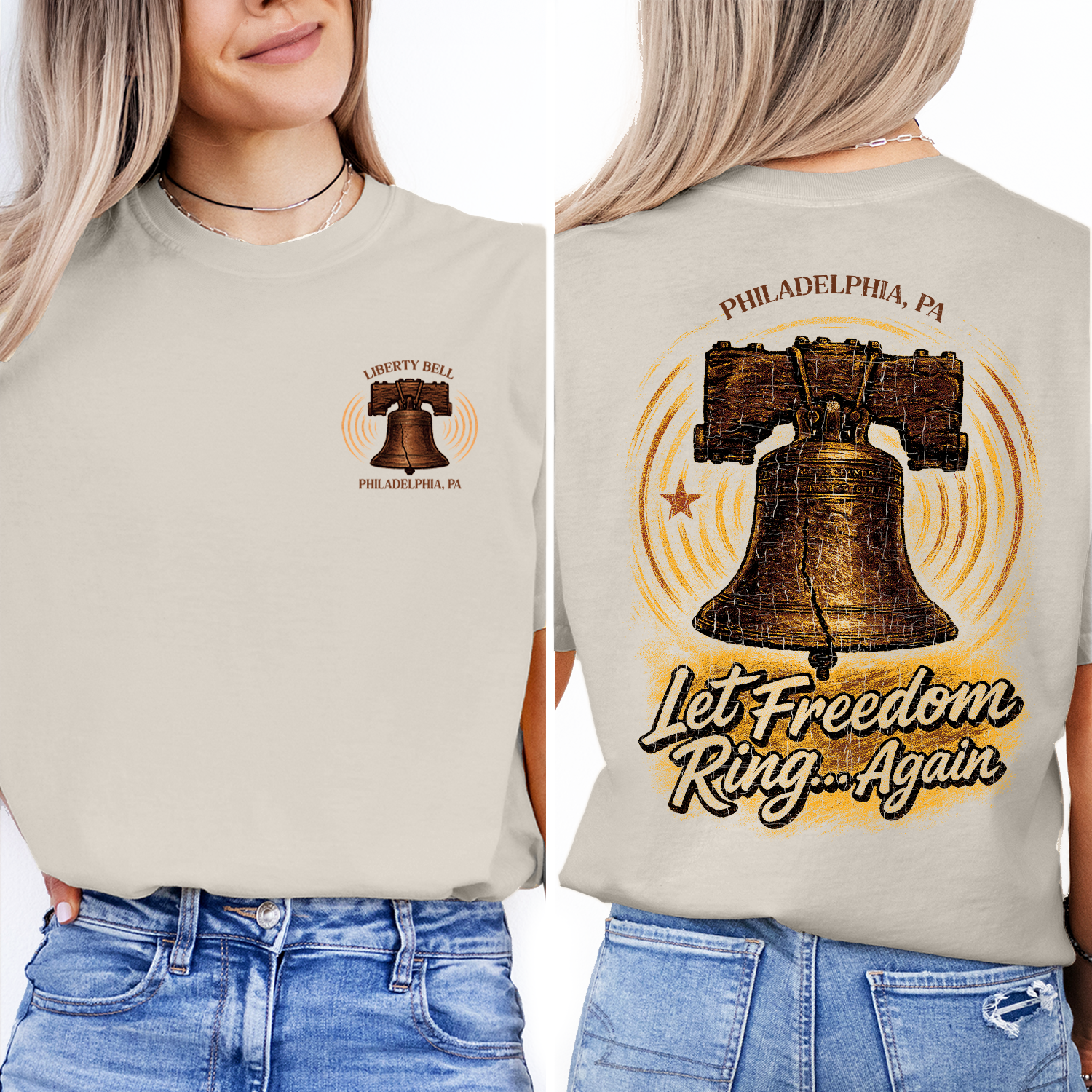 Vintage Liberty Bell Philadelphia t-shirt with “Let Freedom Ring” design, perfect souvenir or patriotic gift for history lovers.