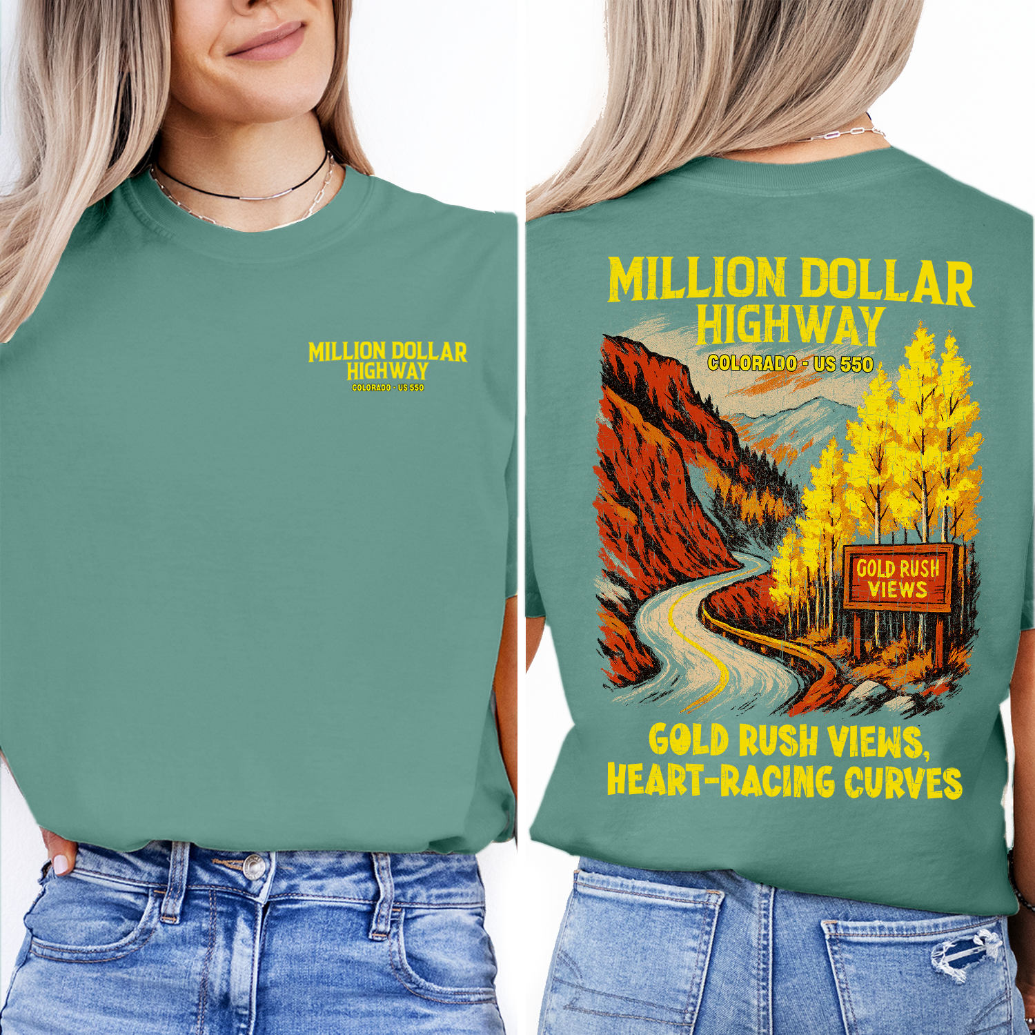 Million Dollar Highway Colorado t-shirt with scenic mountain road design, perfect souvenir for travelers and road trip enthusiasts.