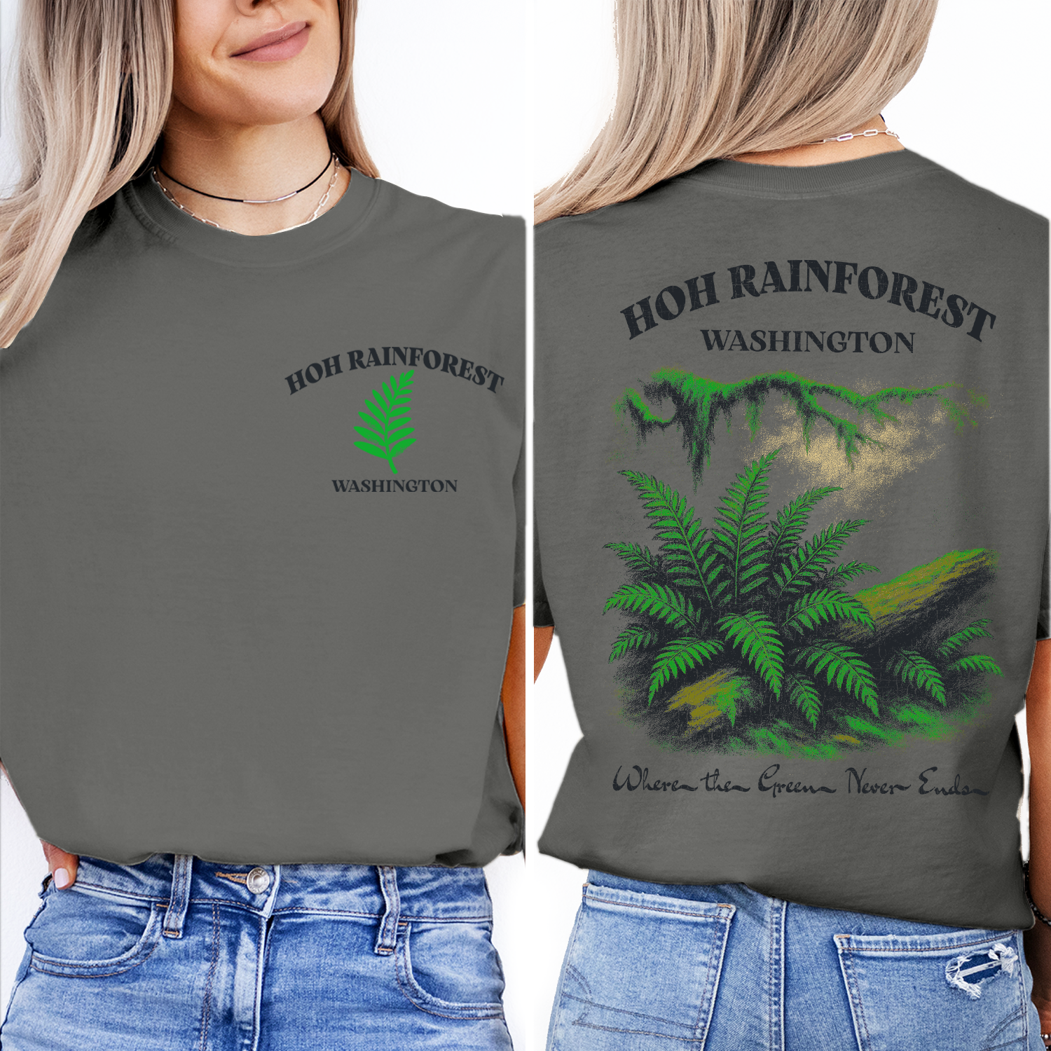 Vintage Hoh Rainforest Washington T-Shirt – Lush Green Ferns & Nature Scene Graphic, Pacific Northwest Travel Souvenir Tee
