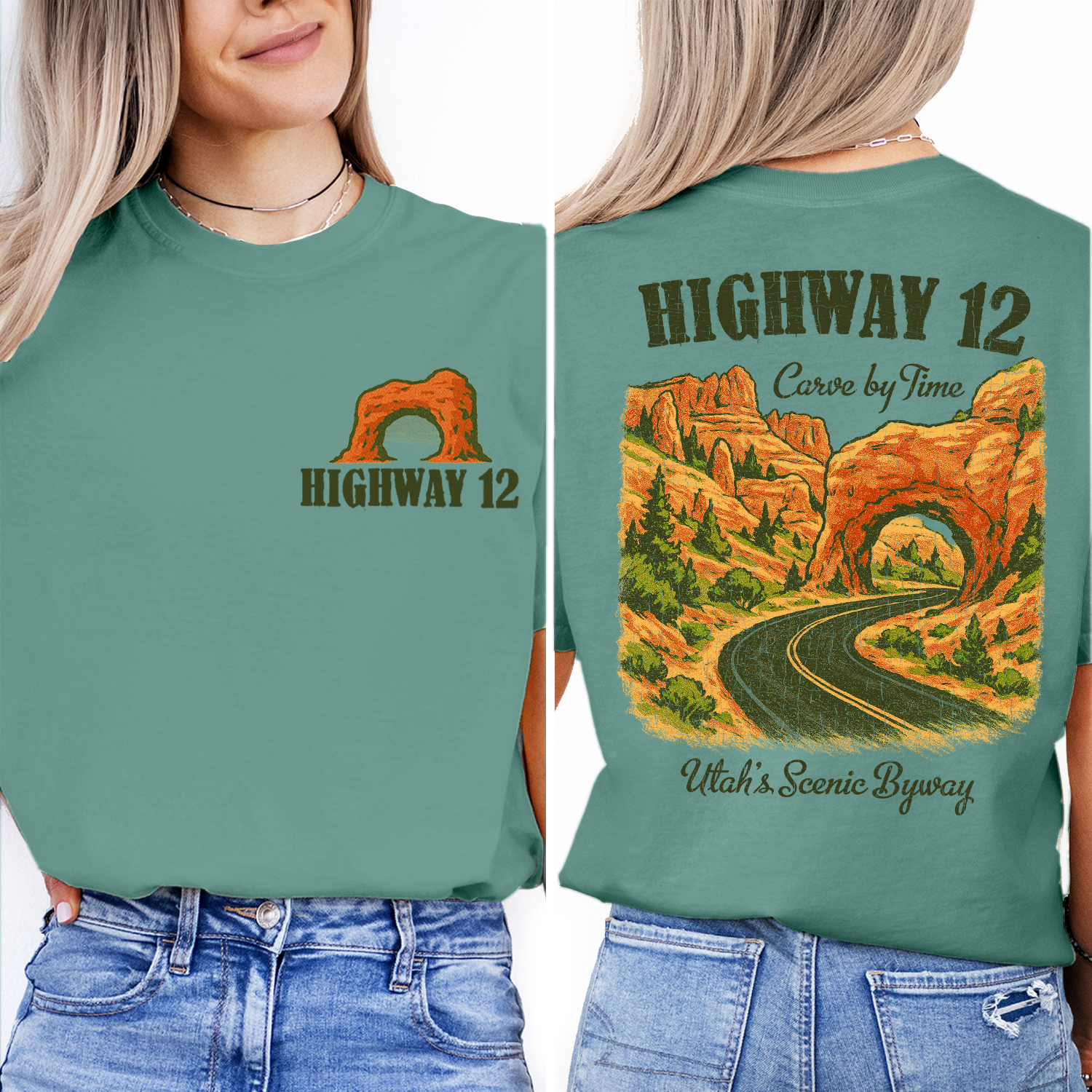 Vintage Utah Highway 12 T-Shirt – Scenic Byway Red Rock Arch & Mountain Landscape Graphic, Retro Travel Souvenir Tee