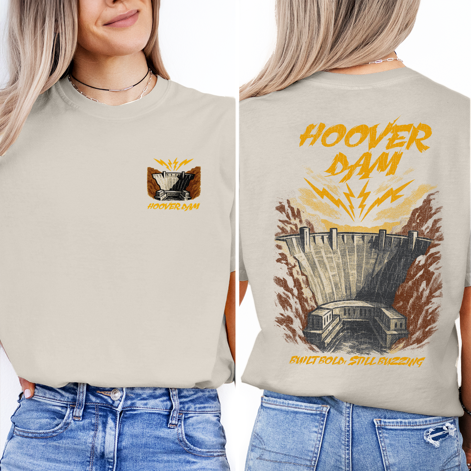 Vintage Hoover Dam T-Shirt – Retro Engineering Landmark & Lightning Graphic, Nevada Travel Souvenir Tee