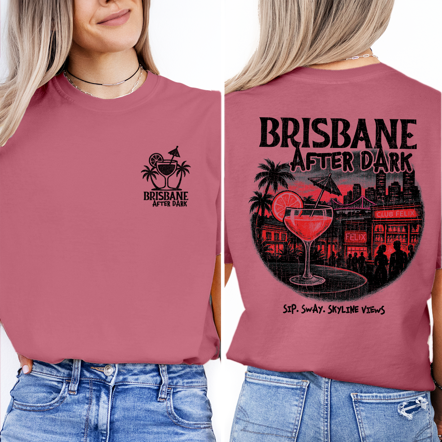 Brisbane After Dark T-Shirt | Nightlife Skyline Graphic Tee | Cocktail Party Shirt | Australia Travel Souvenir Top