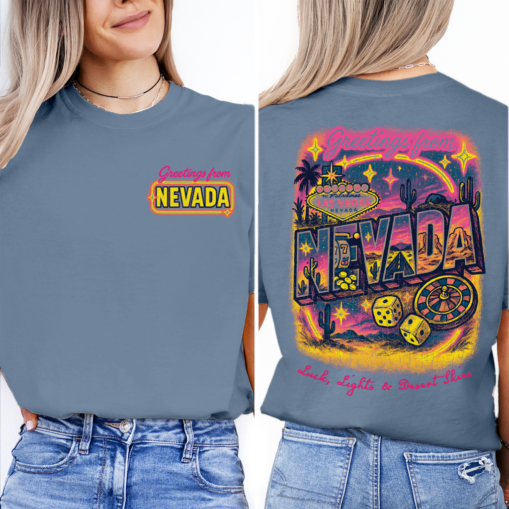 Vintage Nevada Greetings T-Shirt – Retro Las Vegas Casino Dice & Desert Scene Graphic, Lucky Travel Souvenir Tee
