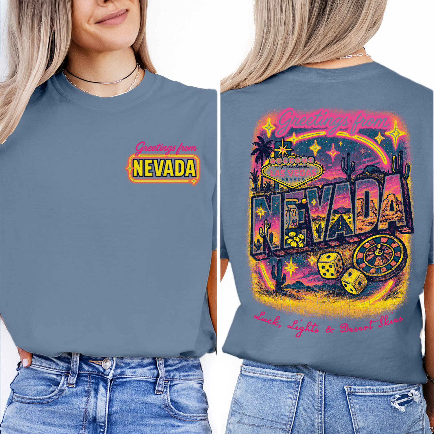 Vintage Nevada Greetings T-Shirt – Retro Las Vegas Casino Dice & Desert Scene Graphic, Lucky Travel Souvenir Tee