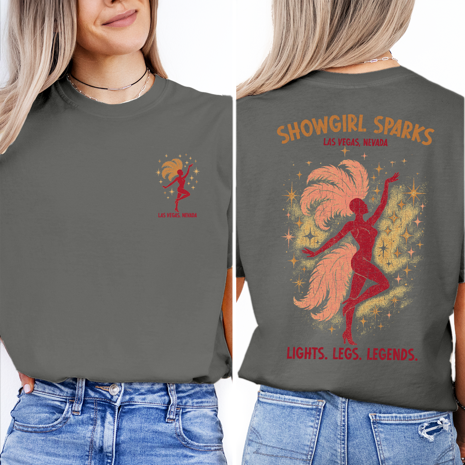 Las Vegas Showgirl T-Shirt | Vintage Nevada Souvenir Tee | Glitter Sparkle Showgirl Graphic | Retro Vegas Travel Gift