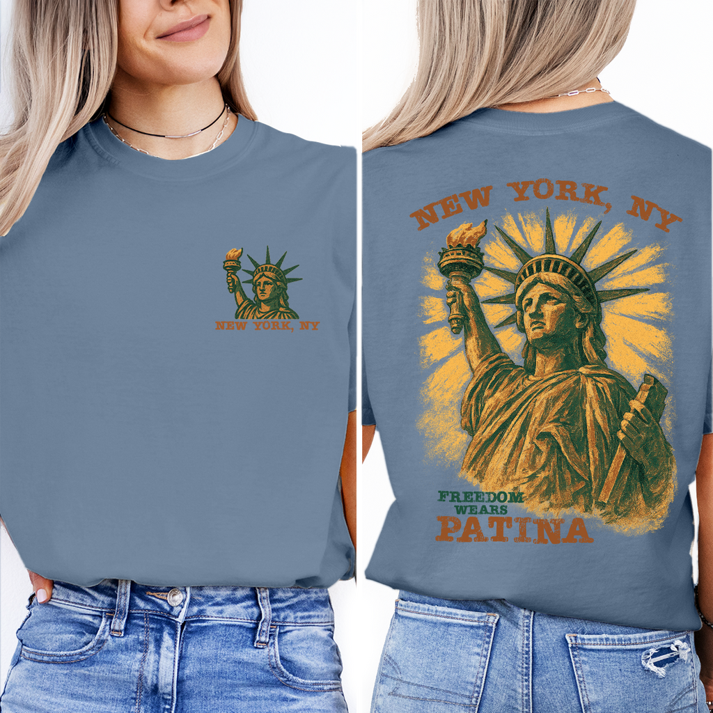 Vintage Statue of Liberty New York t-shirt with “Freedom Wears Patina” design, perfect souvenir or gift for travelers and patriots.