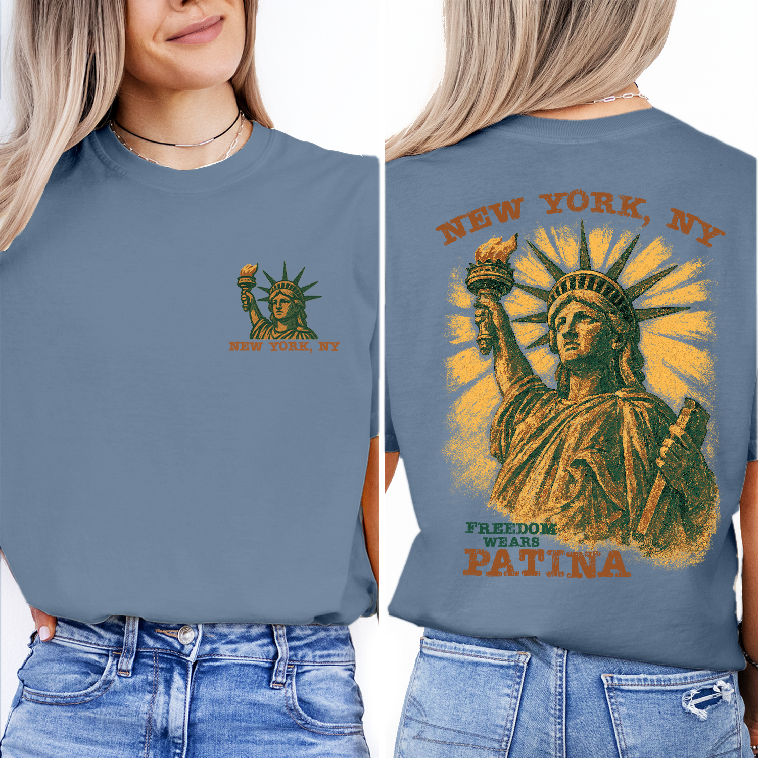 Vintage Statue of Liberty New York t-shirt with “Freedom Wears Patina” design, perfect souvenir or gift for travelers and patriots.