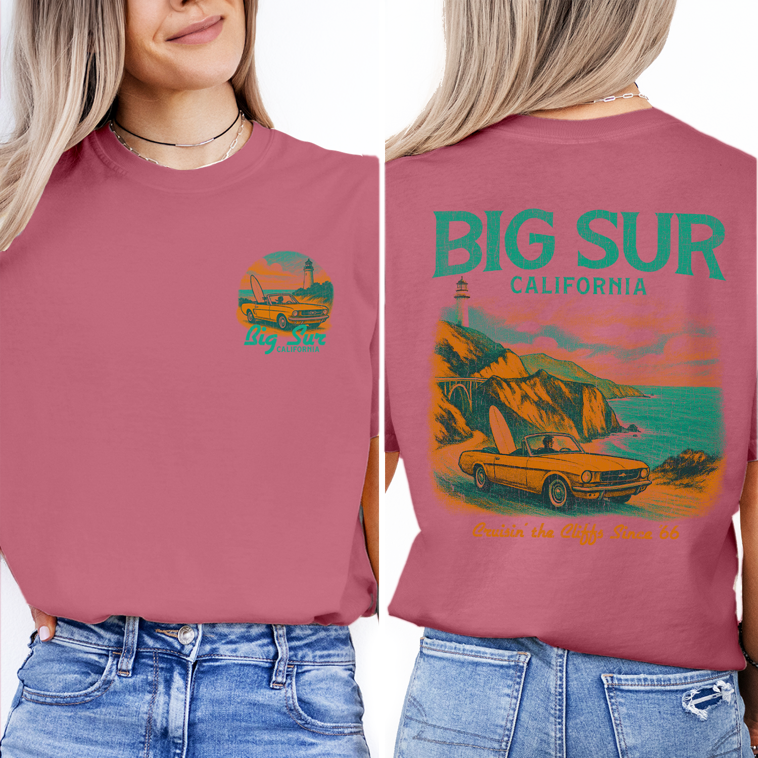Big Sur California T-Shirt – Vintage Coastal Highway Graphic Tee, Retro Car and Surf Shirt, California Travel Souvenir Gift