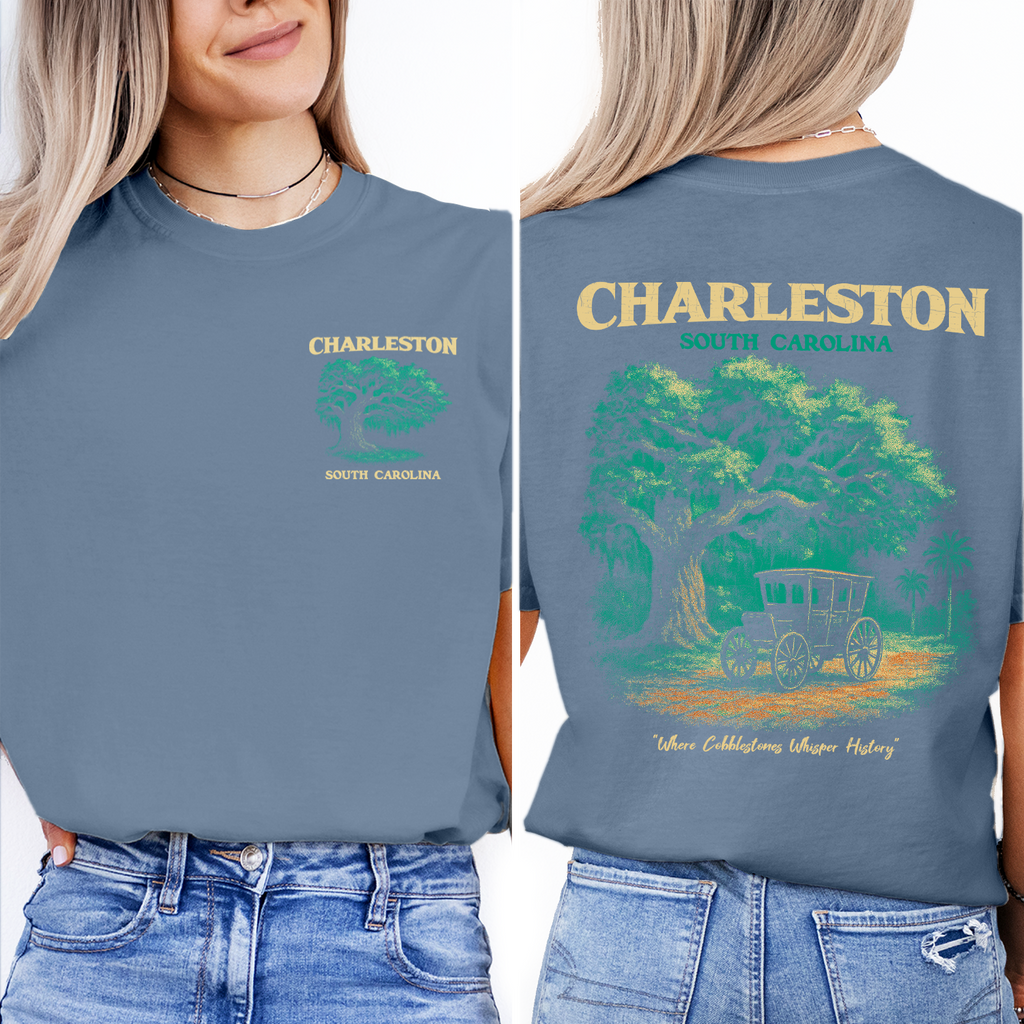 Charleston South Carolina T-Shirt | Historic Carriage Ride Tee | Southern Charm Travel Souvenir | Vintage Tree Graphic Shirt