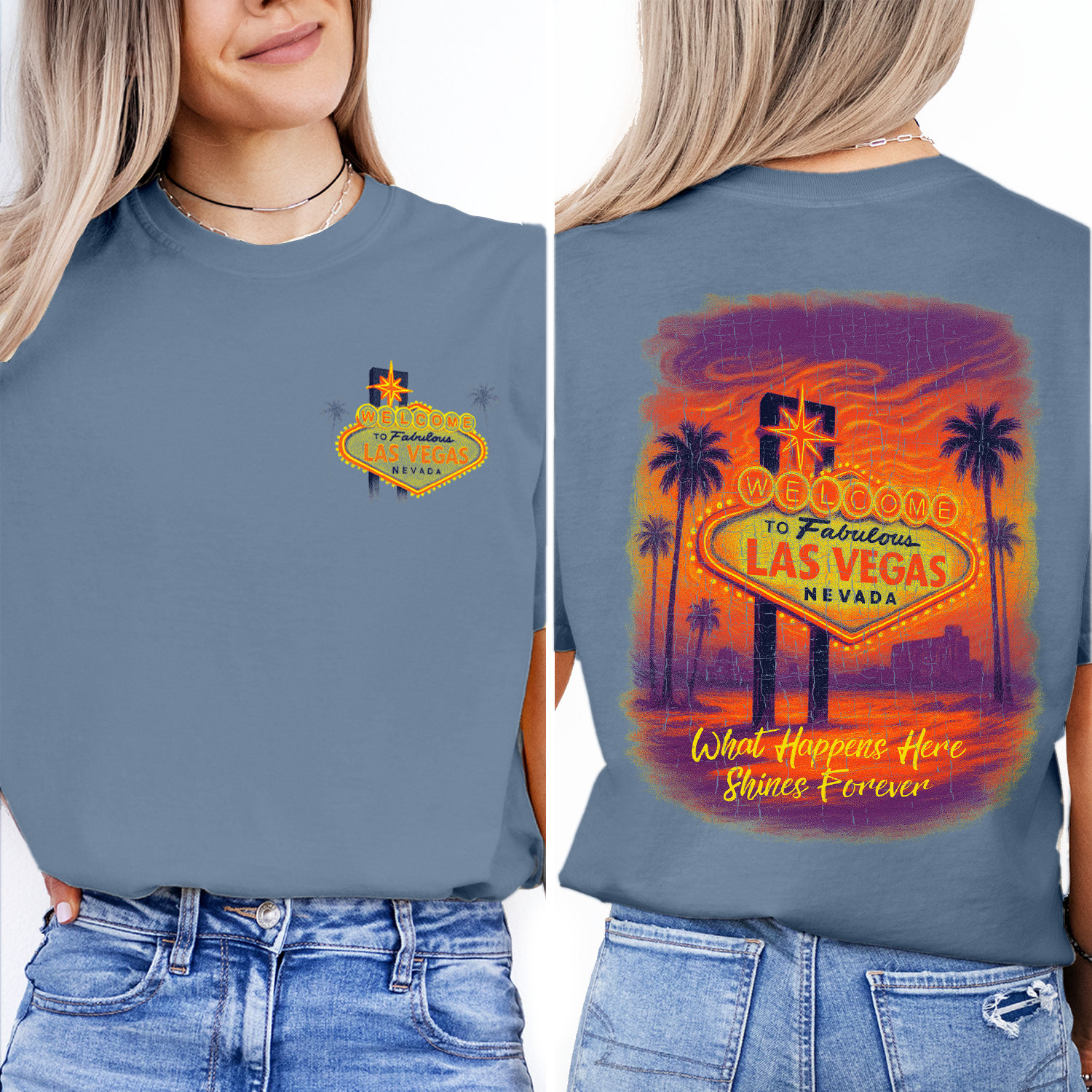 Vintage Las Vegas sunset t-shirt with iconic neon “Welcome” sign, perfect souvenir or gift for travelers and nightlife lovers.