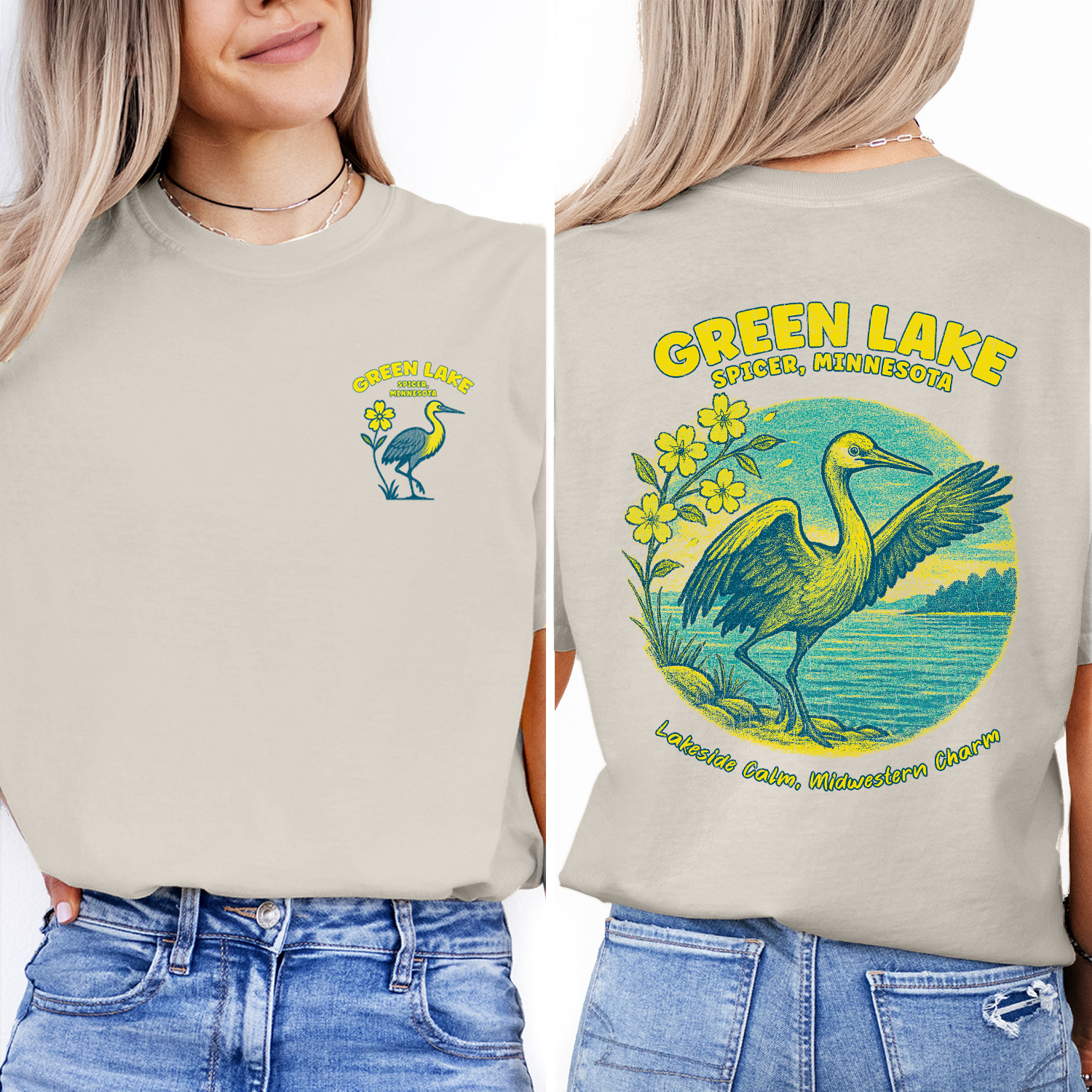Green Lake Spicer Minnesota T-Shirt | Lakeside Bird Graphic Tee | Midwest Travel Souvenir Shirt | Lakeside Calm Charm