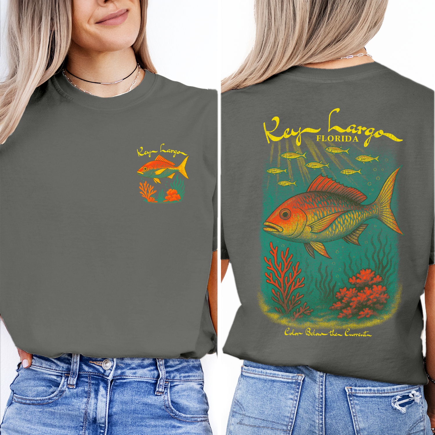 Vintage Key Largo Florida T-Shirt – Tropical Reef Fish & Coral Graphic, Underwater Ocean Wildlife Souvenir Tee