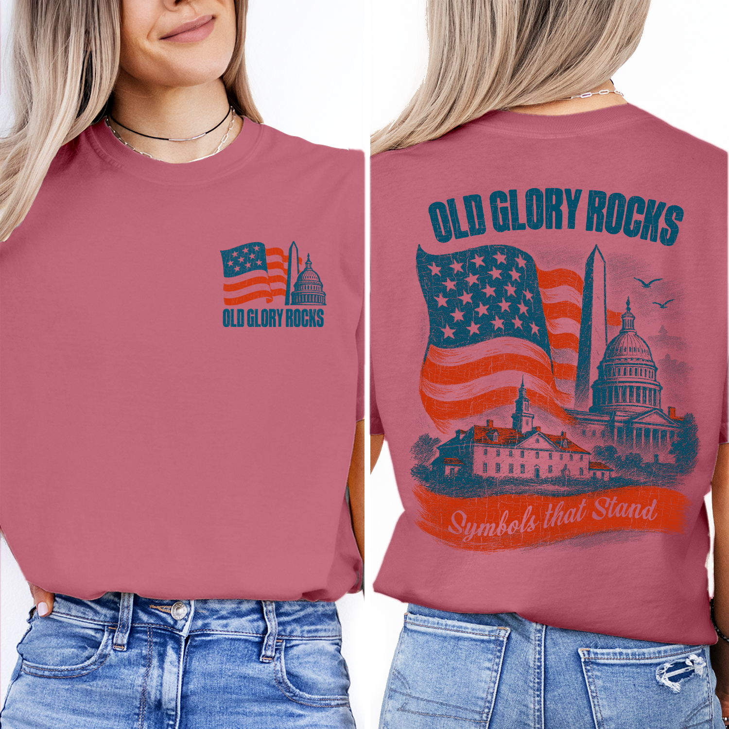 Old Glory Rocks American Flag T-Shirt | Patriotic USA Landmarks Tee | Vintage 4th of July Independence Day Shirt