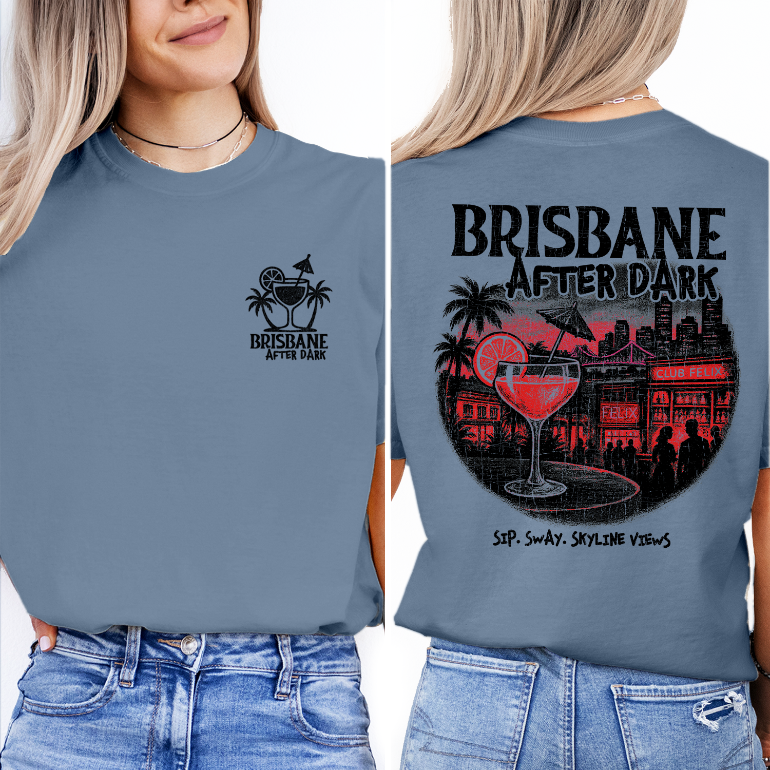 Brisbane After Dark T-Shirt | Nightlife Skyline Graphic Tee | Cocktail Party Shirt | Australia Travel Souvenir Top