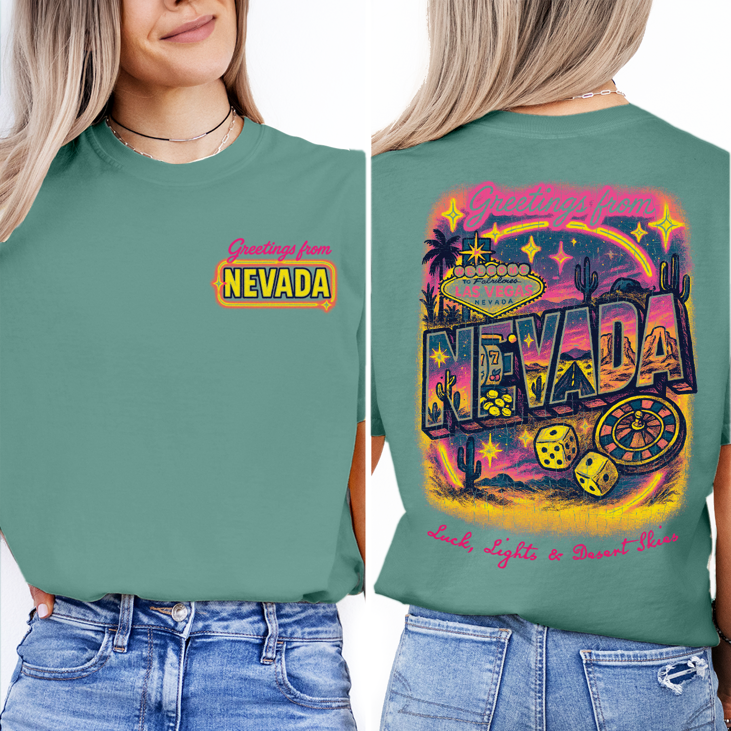 Vintage Nevada Greetings T-Shirt – Retro Las Vegas Casino Dice & Desert Scene Graphic, Lucky Travel Souvenir Tee