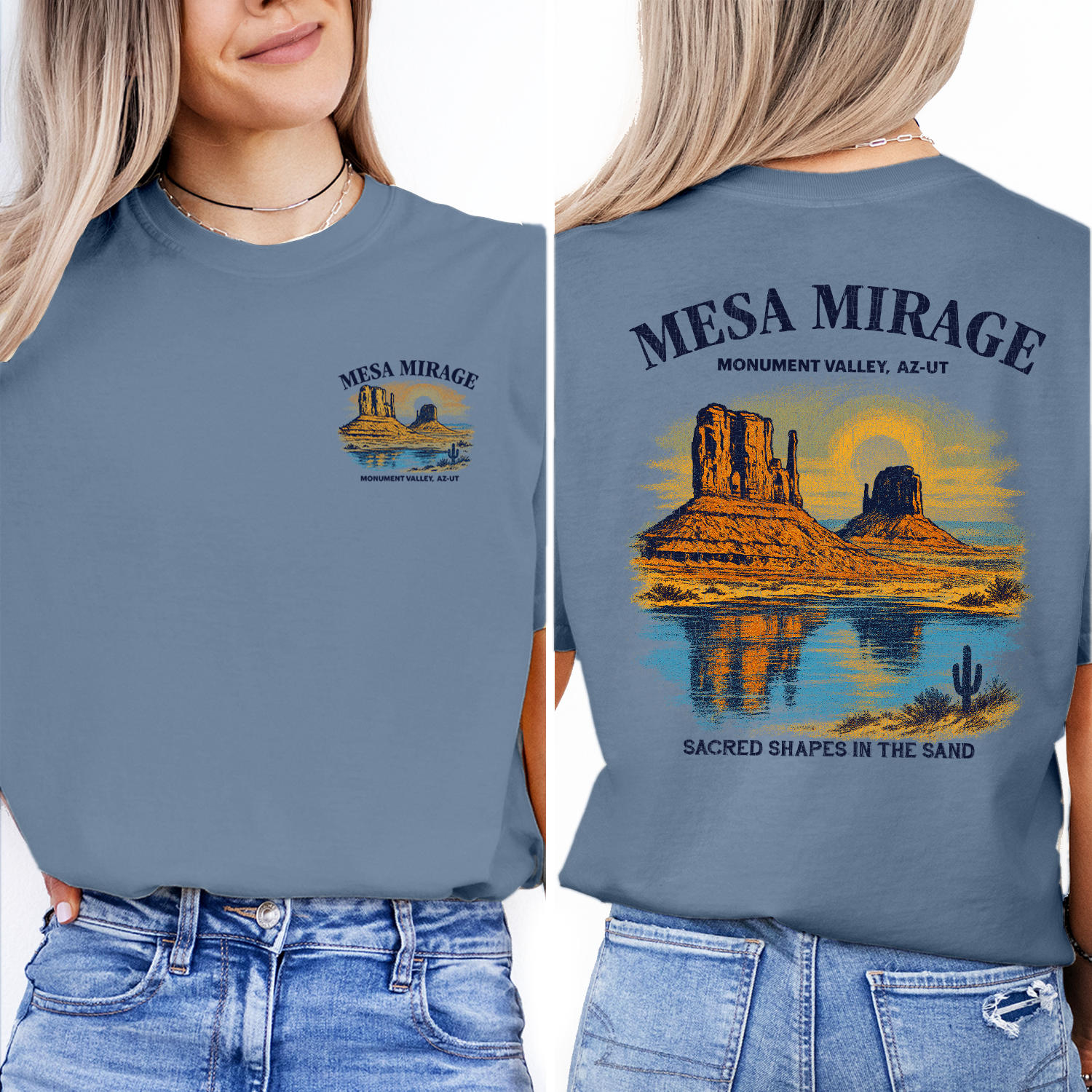 Vintage Monument Valley t-shirt with mesa sunset design, perfect for desert lovers, Arizona-Utah travelers, and Southwest souvenir collectors.