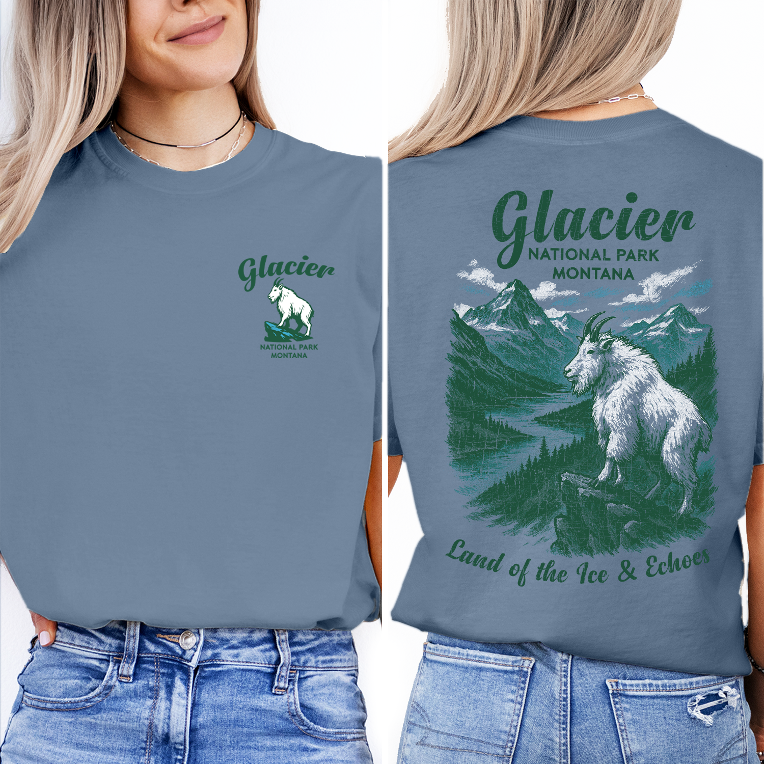 Glacier National Park T-Shirt | Montana Mountain Goat Graphic Tee | National Park Souvenir Shirt | Land of the Ice & Echoes