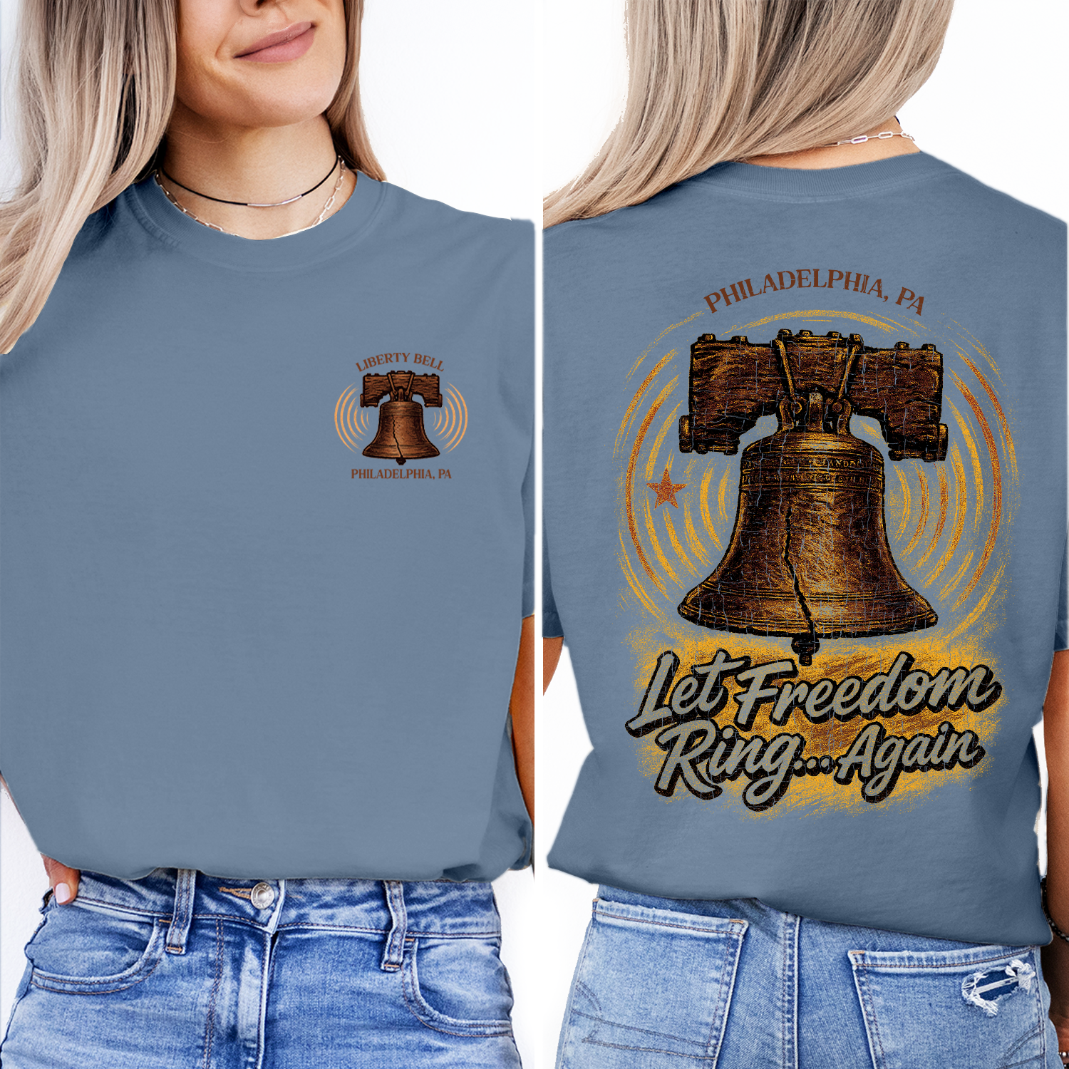Vintage Liberty Bell Philadelphia t-shirt with “Let Freedom Ring” design, perfect souvenir or patriotic gift for history lovers.