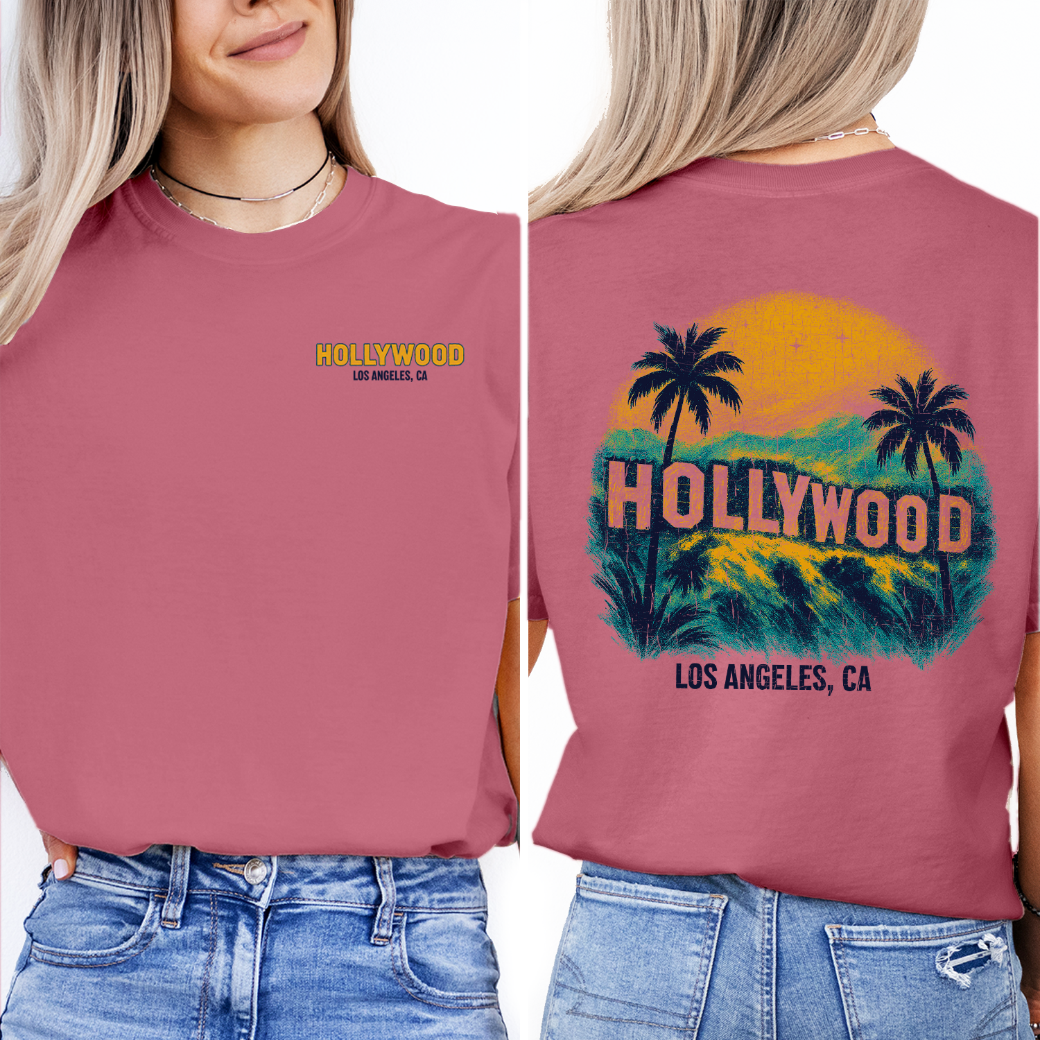 Vintage Hollywood Los Angeles T-Shirt – Retro Sunset & Palm Tree Graphic, California Travel Souvenir Tee