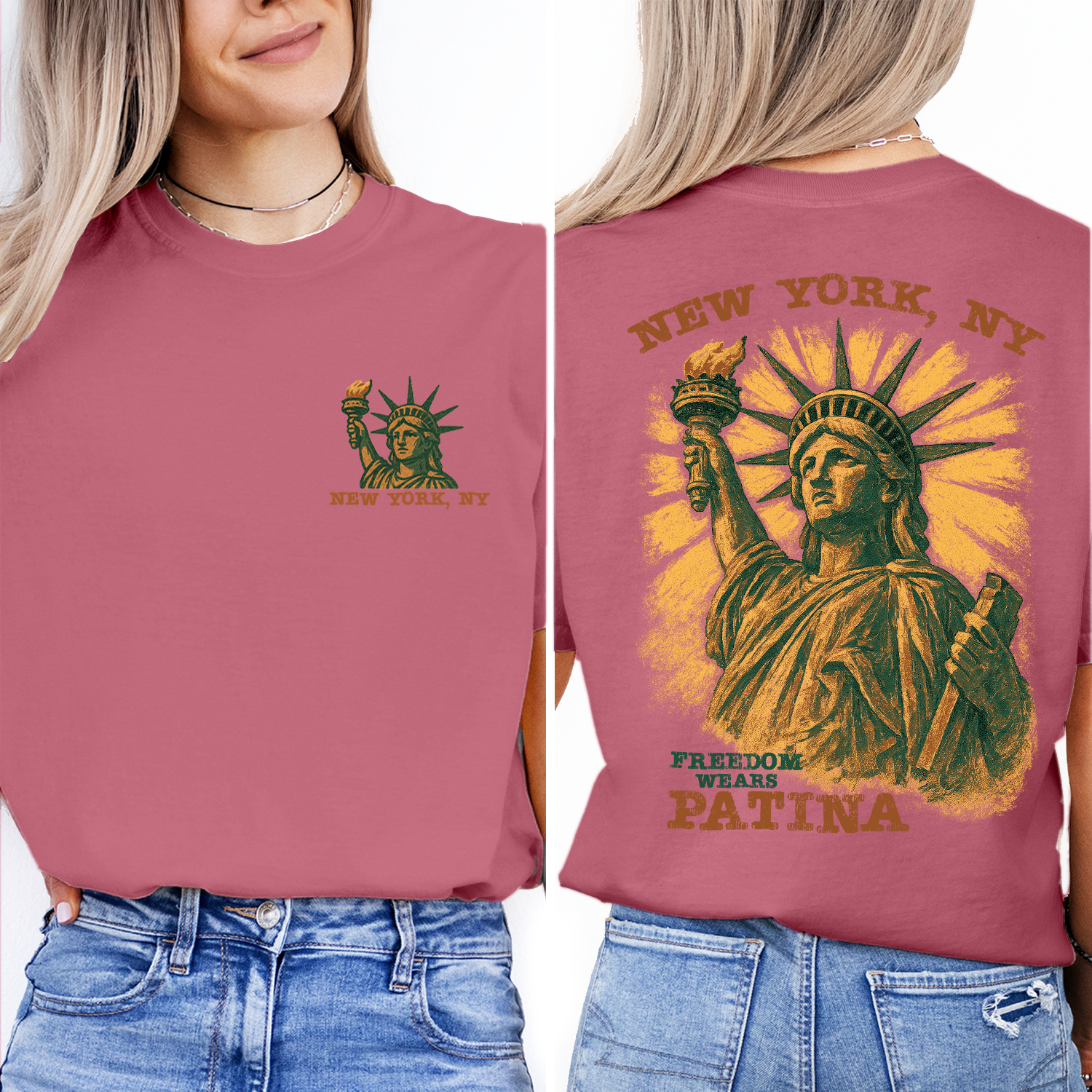 Vintage Statue of Liberty New York t-shirt with “Freedom Wears Patina” design, perfect souvenir or gift for travelers and patriots.