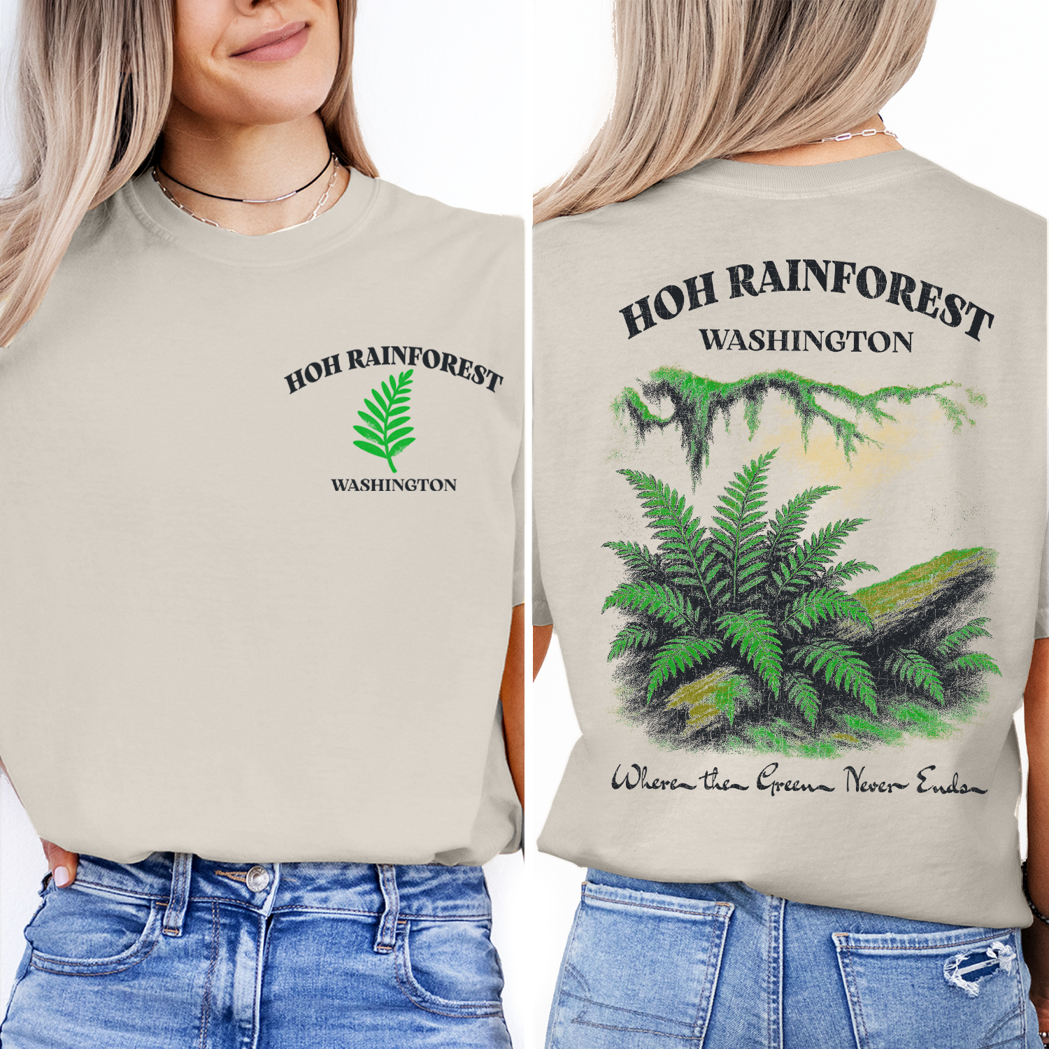 Vintage Hoh Rainforest Washington T-Shirt – Lush Green Ferns & Nature Scene Graphic, Pacific Northwest Travel Souvenir Tee