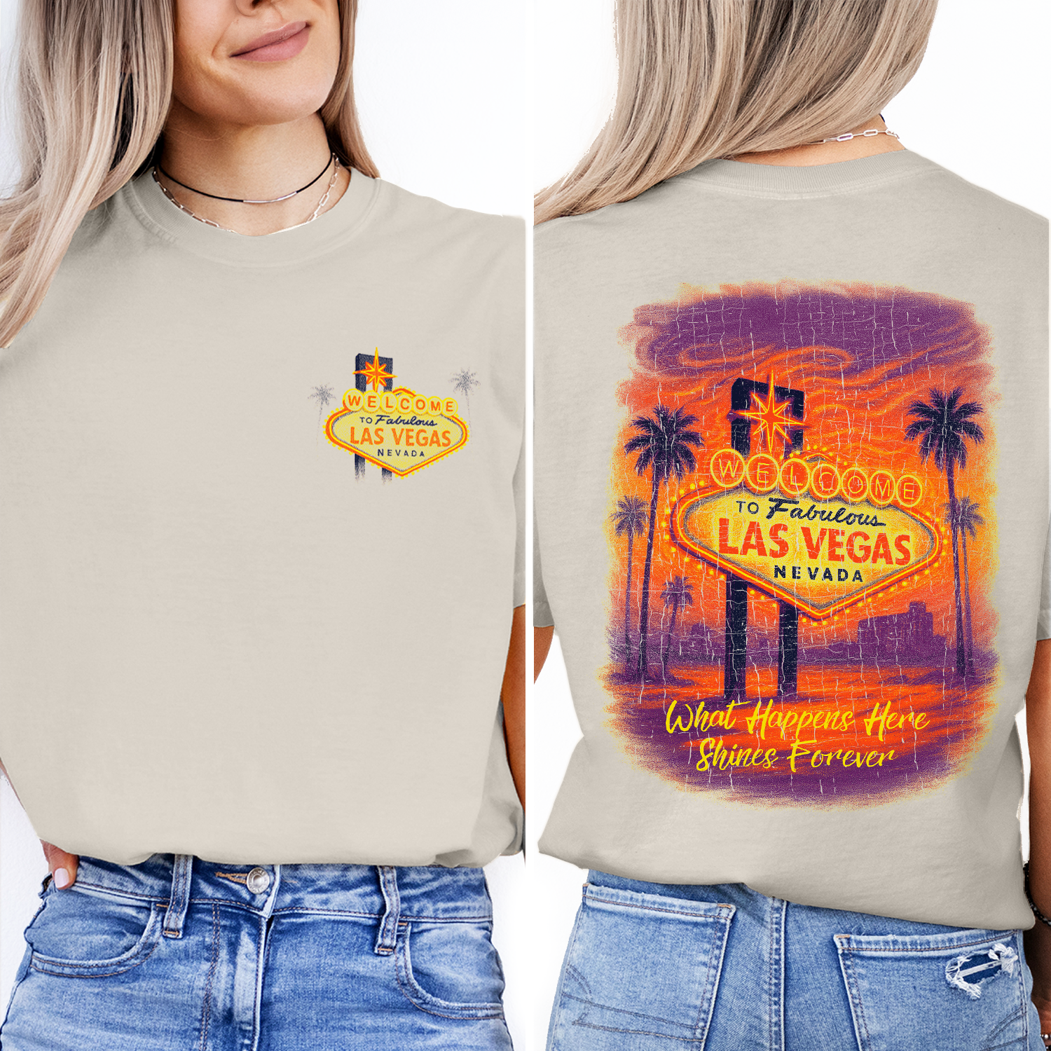 Vintage Las Vegas sunset t-shirt with iconic neon “Welcome” sign, perfect souvenir or gift for travelers and nightlife lovers.