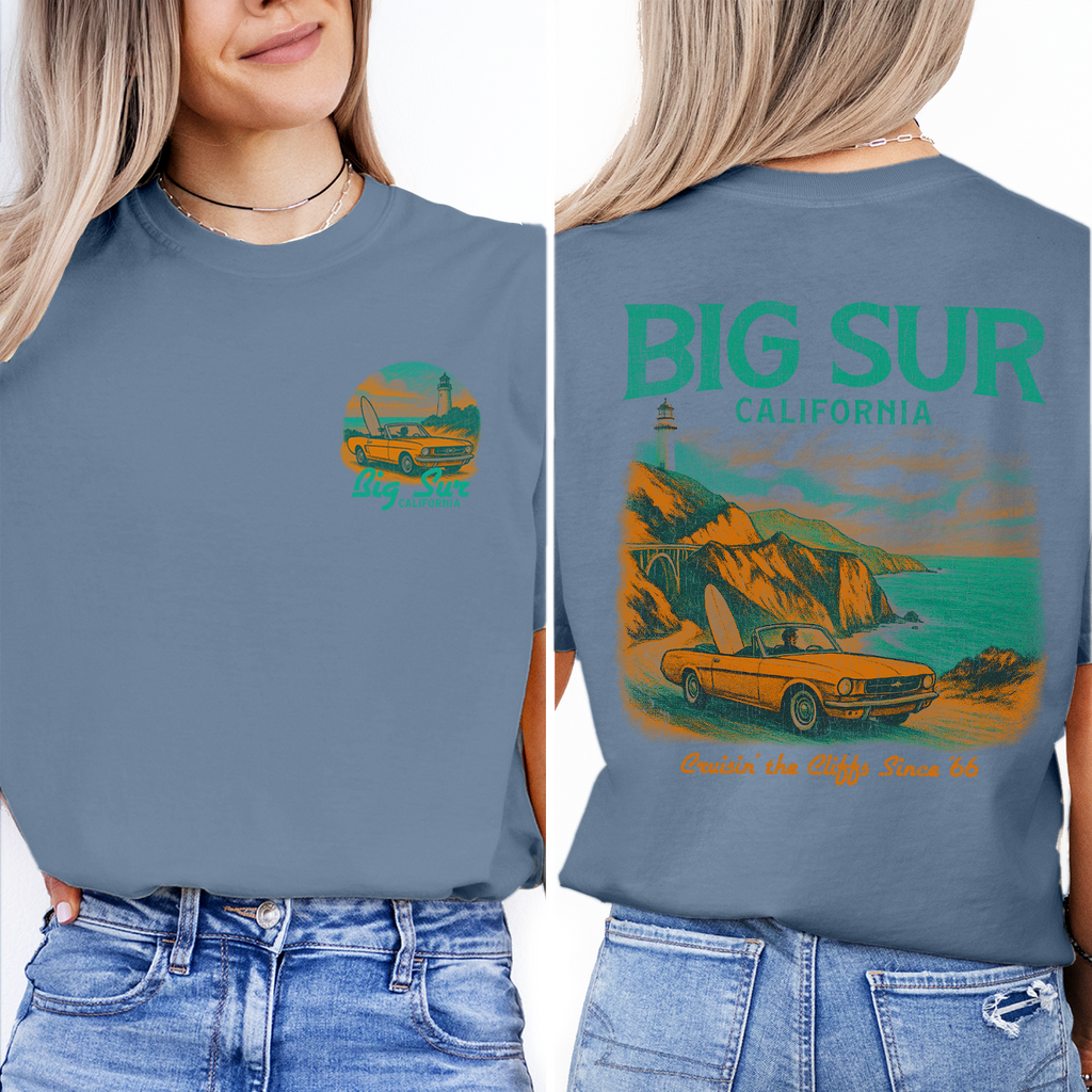 Big Sur California T-Shirt – Vintage Coastal Highway Graphic Tee, Retro Car and Surf Shirt, California Travel Souvenir Gift