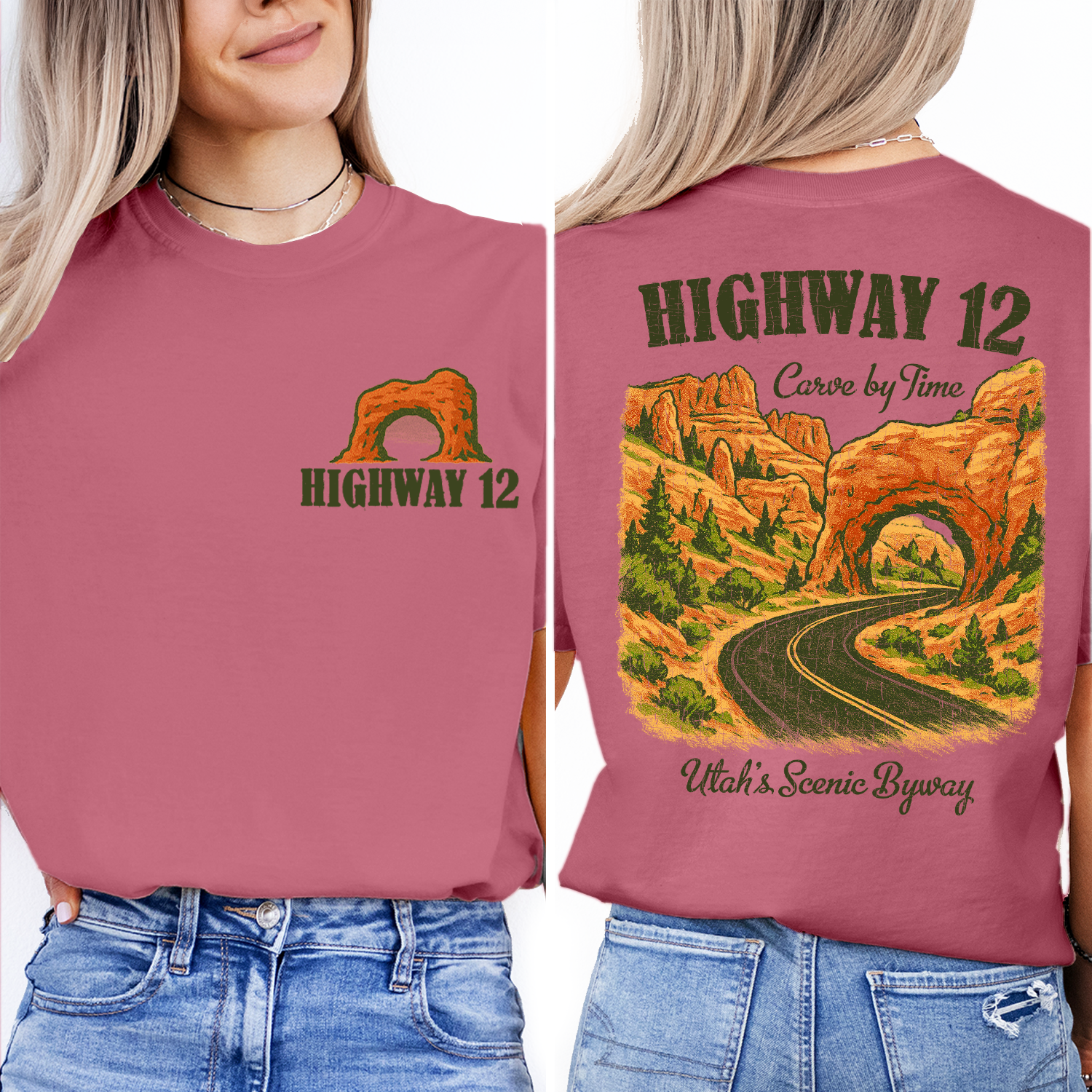 Vintage Utah Highway 12 T-Shirt – Scenic Byway Red Rock Arch & Mountain Landscape Graphic, Retro Travel Souvenir Tee