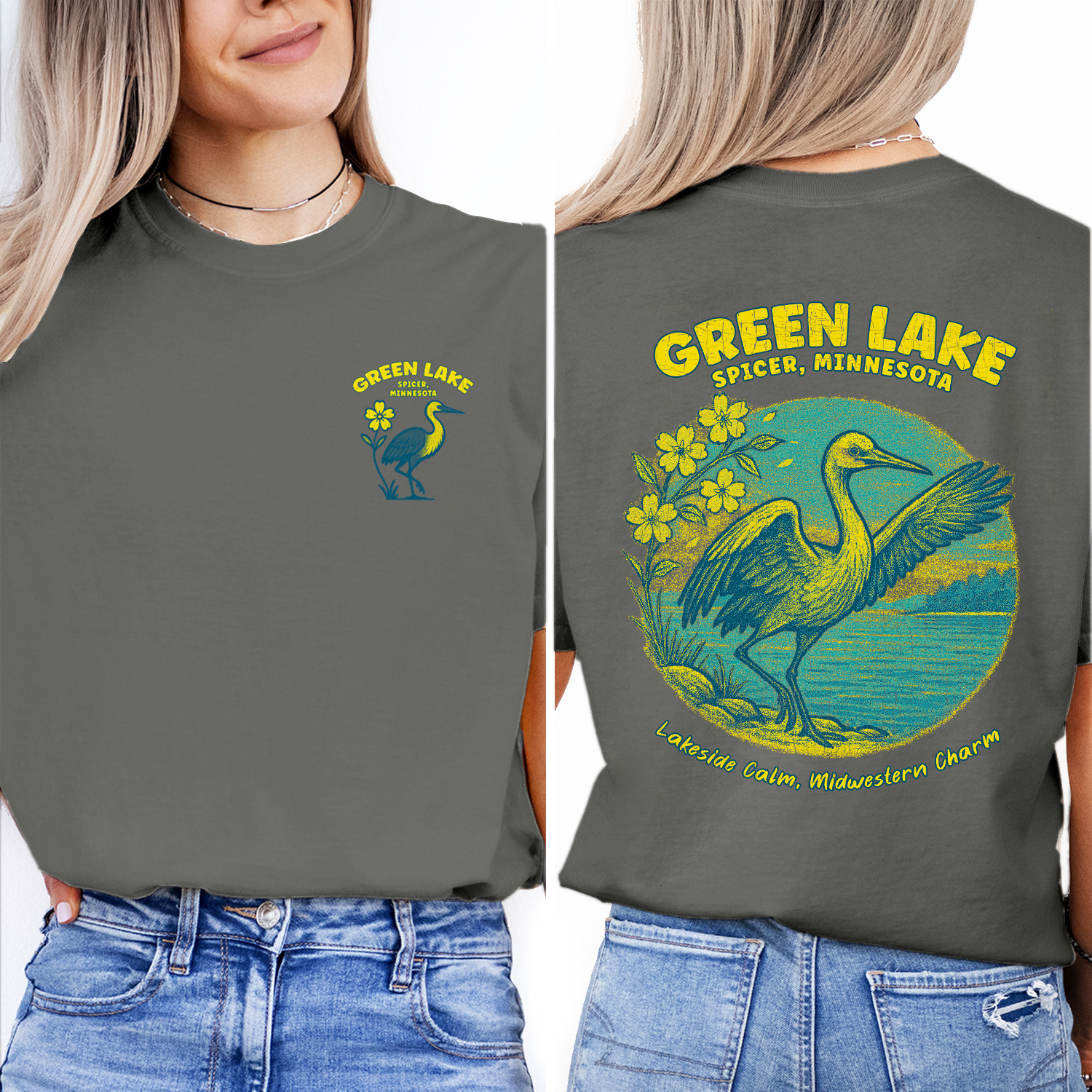Green Lake Spicer Minnesota T-Shirt | Lakeside Bird Graphic Tee | Midwest Travel Souvenir Shirt | Lakeside Calm Charm