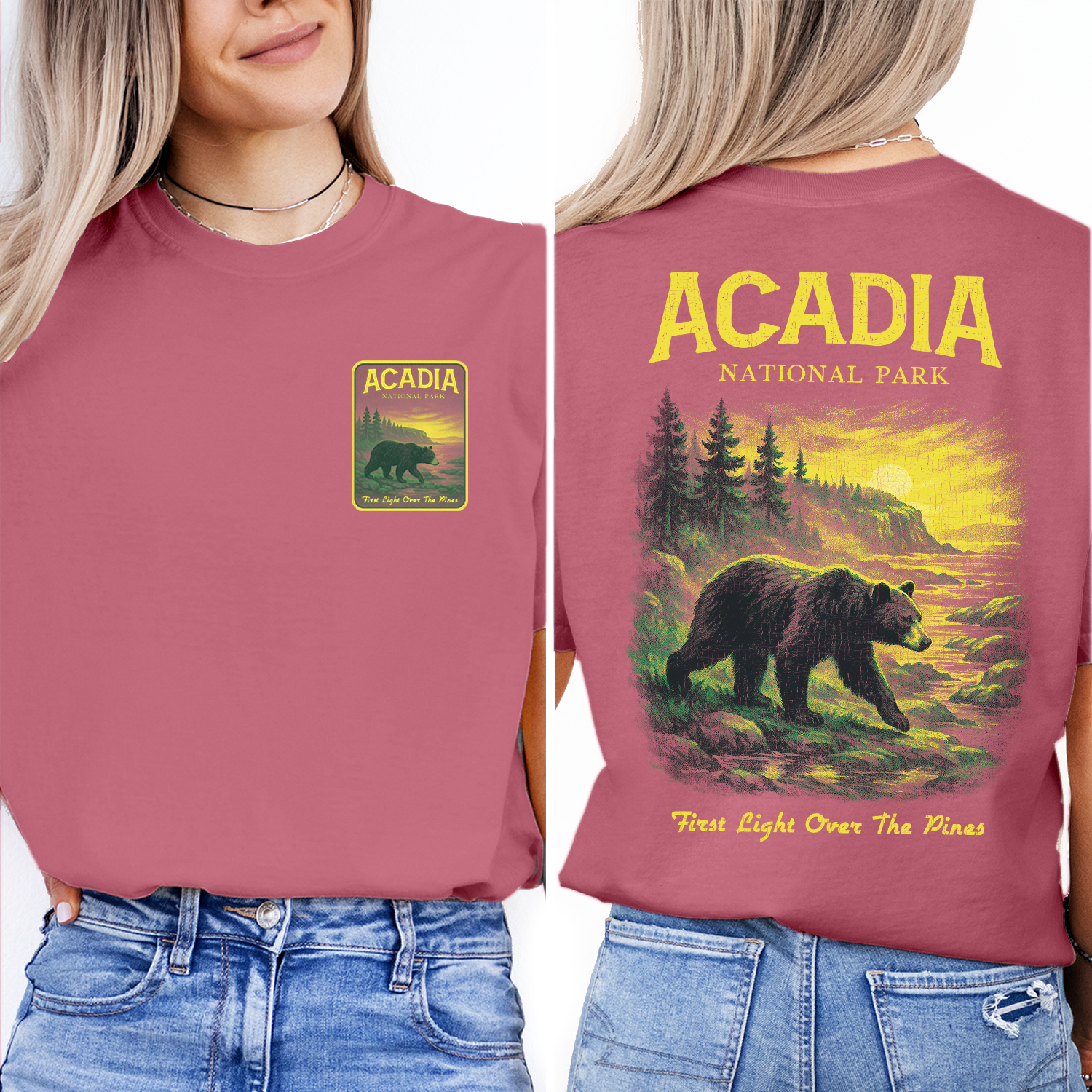 Acadia National Park Bear T-Shirt – Vintage Wilderness Hiking Tee, Nature Landscape Sunset Shirt, Outdoor Adventure Gift