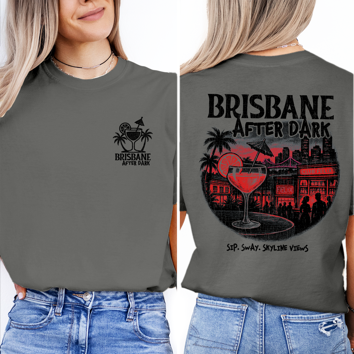 Brisbane After Dark T-Shirt | Nightlife Skyline Graphic Tee | Cocktail Party Shirt | Australia Travel Souvenir Top