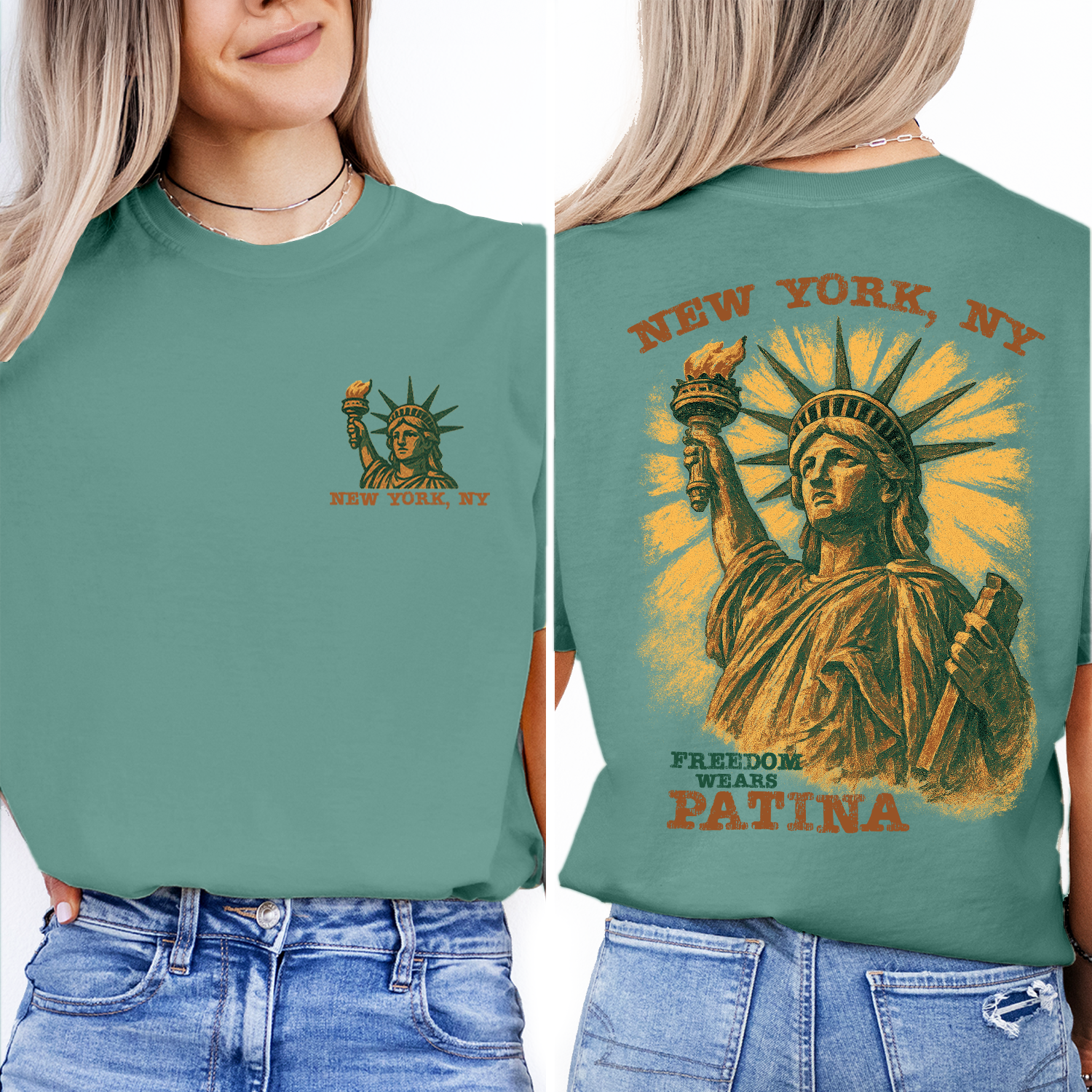 Vintage Statue of Liberty New York t-shirt with “Freedom Wears Patina” design, perfect souvenir or gift for travelers and patriots.