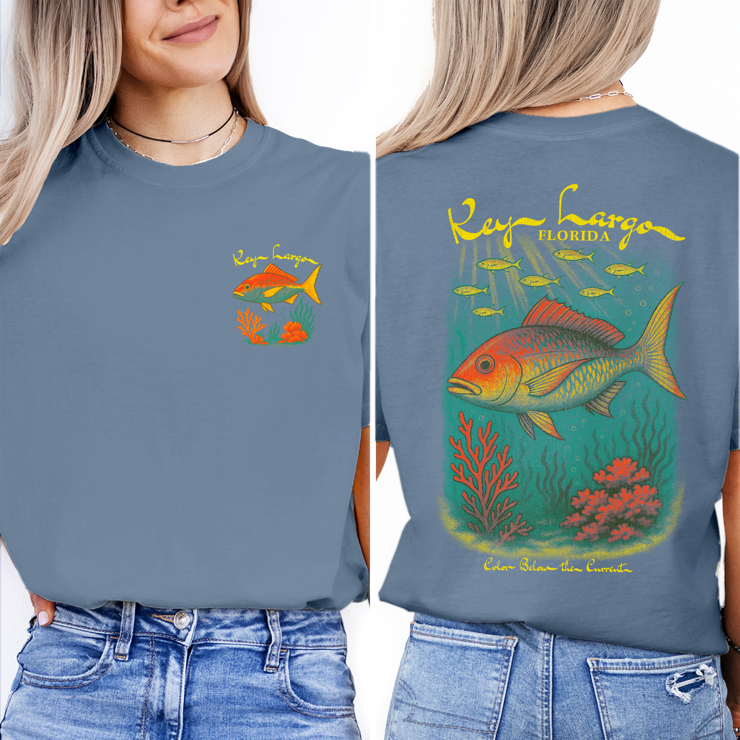 Vintage Key Largo Florida T-Shirt – Tropical Reef Fish & Coral Graphic, Underwater Ocean Wildlife Souvenir Tee