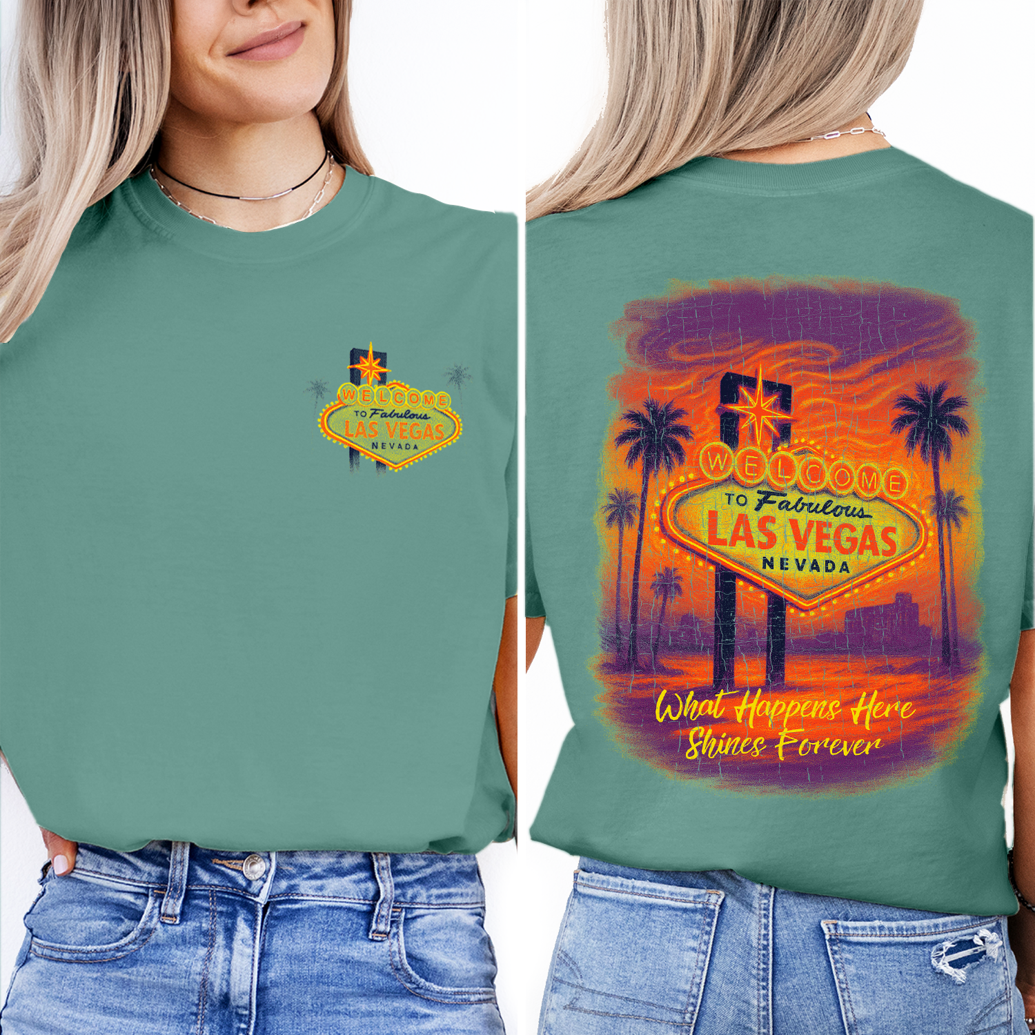 Vintage Las Vegas sunset t-shirt with iconic neon “Welcome” sign, perfect souvenir or gift for travelers and nightlife lovers.