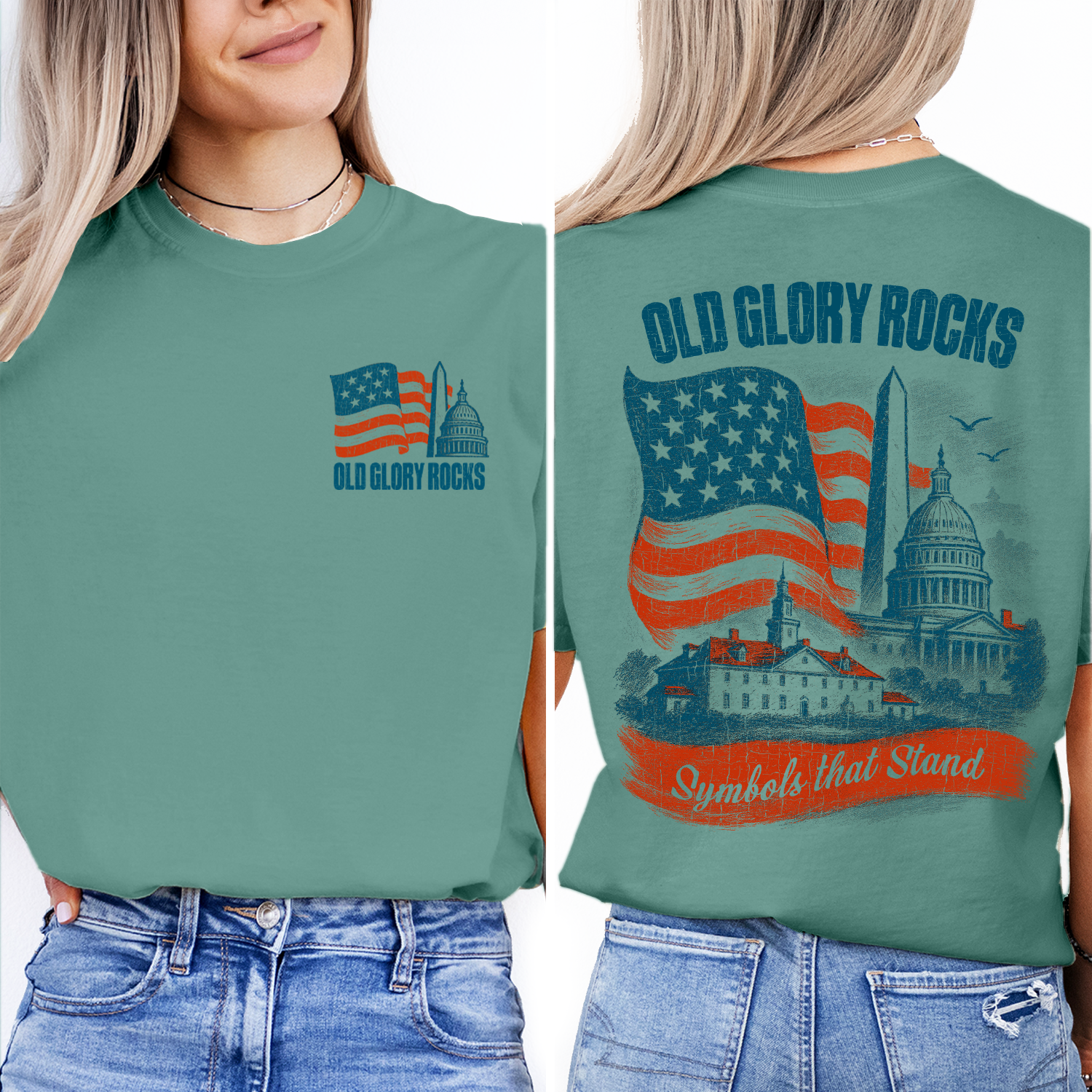 Old Glory Rocks American Flag T-Shirt | Patriotic USA Landmarks Tee | Vintage 4th of July Independence Day Shirt