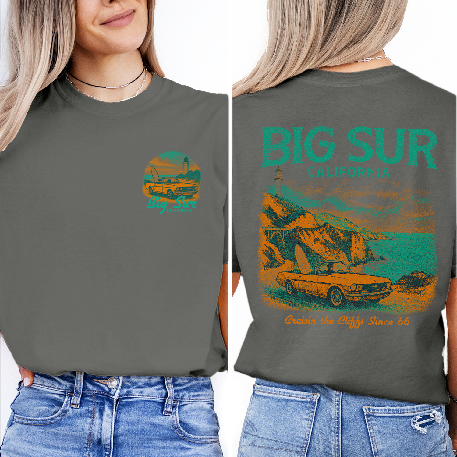 Big Sur California T-Shirt – Vintage Coastal Highway Graphic Tee, Retro Car and Surf Shirt, California Travel Souvenir Gift