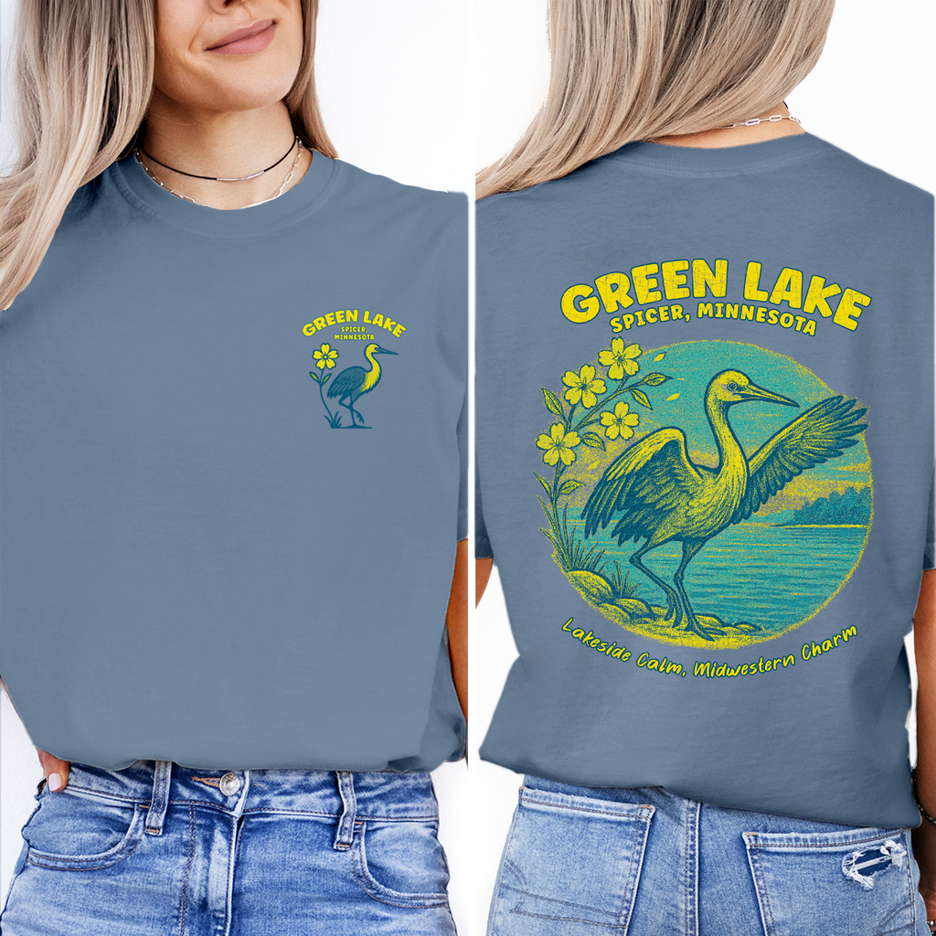 Green Lake Spicer Minnesota T-Shirt | Lakeside Bird Graphic Tee | Midwest Travel Souvenir Shirt | Lakeside Calm Charm