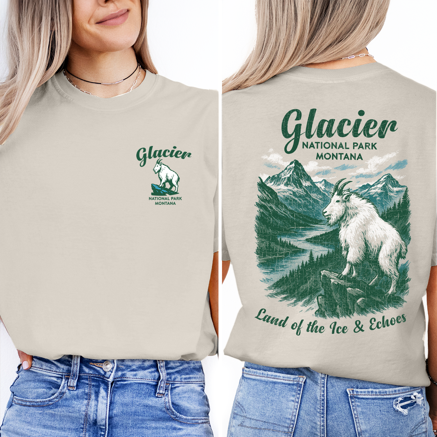 Glacier National Park T-Shirt | Montana Mountain Goat Graphic Tee | National Park Souvenir Shirt | Land of the Ice & Echoes