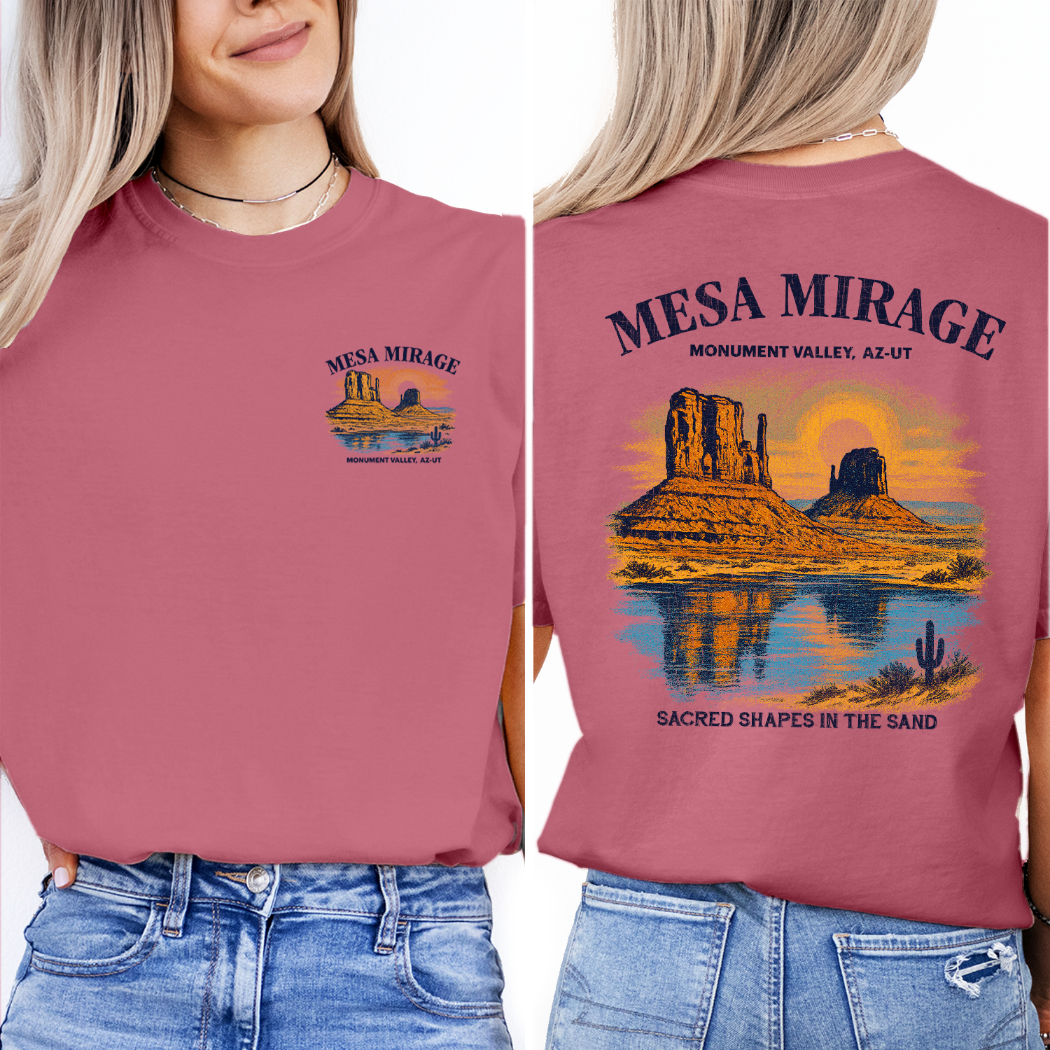 Vintage Monument Valley t-shirt with mesa sunset design, perfect for desert lovers, Arizona-Utah travelers, and Southwest souvenir collectors.