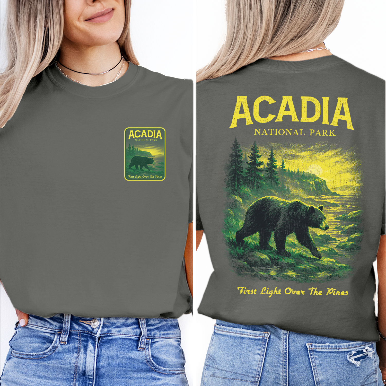 Acadia National Park Bear T-Shirt – Vintage Wilderness Hiking Tee, Nature Landscape Sunset Shirt, Outdoor Adventure Gift