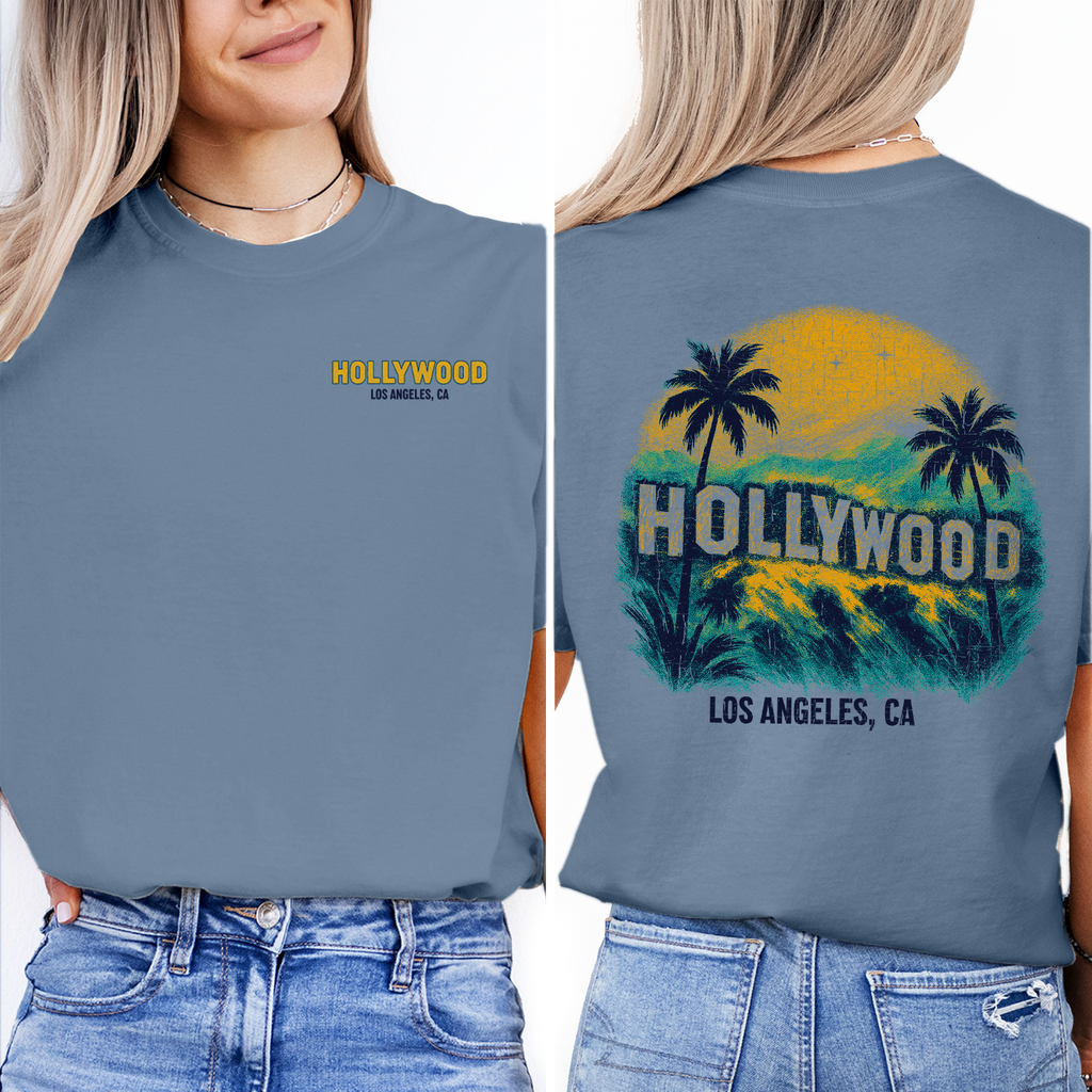 Vintage Hollywood Los Angeles T-Shirt – Retro Sunset & Palm Tree Graphic, California Travel Souvenir Tee