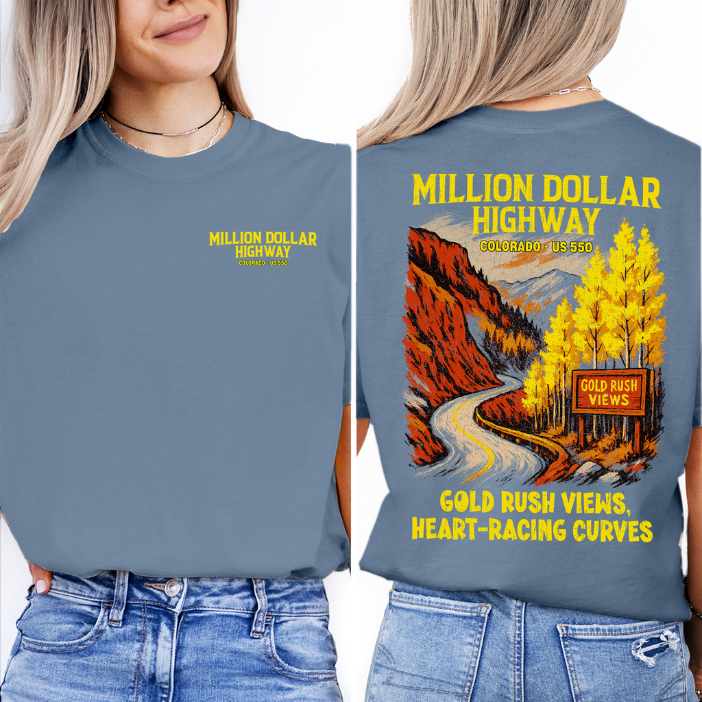 Million Dollar Highway Colorado t-shirt with scenic mountain road design, perfect souvenir for travelers and road trip enthusiasts.
