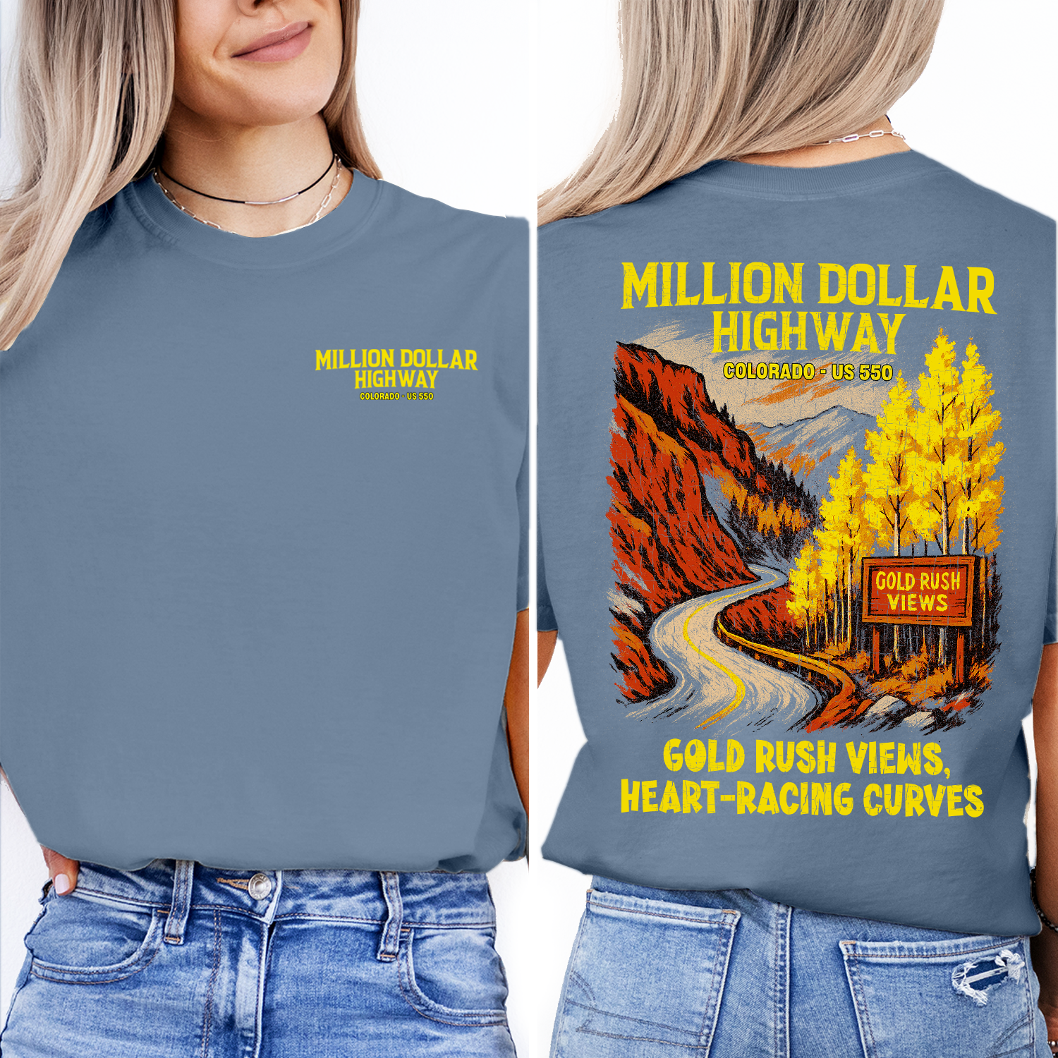 Million Dollar Highway Colorado t-shirt with scenic mountain road design, perfect souvenir for travelers and road trip enthusiasts.